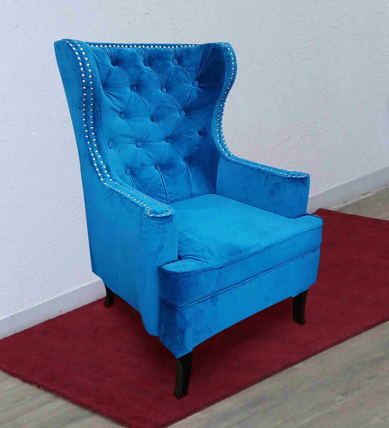 Buy Damask Fabric Wing Chair in Aqua Blue Colour by Iris Furniture