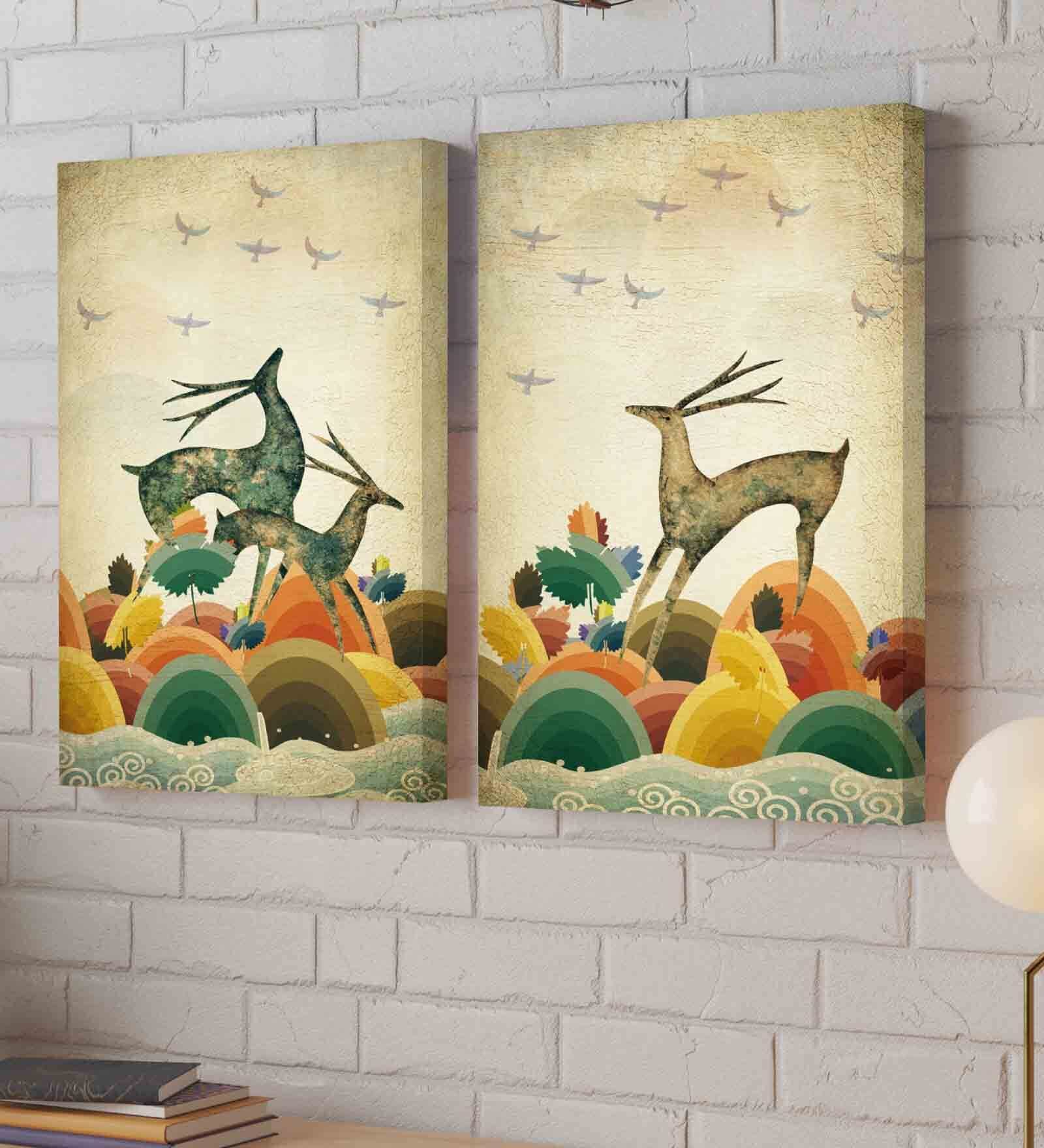 Dancing Deer Multicolour Engineered Wood (Set of 2) Art Panelss