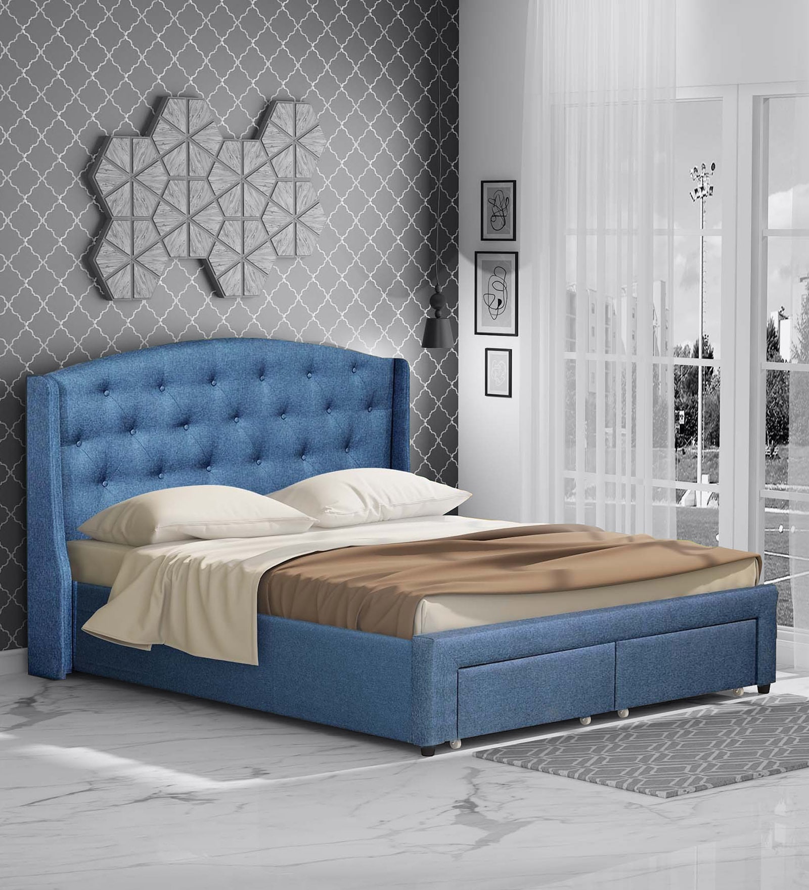 Buy Danilo Upholstered King Size Bed in Navy Blue Colour with Storage ...