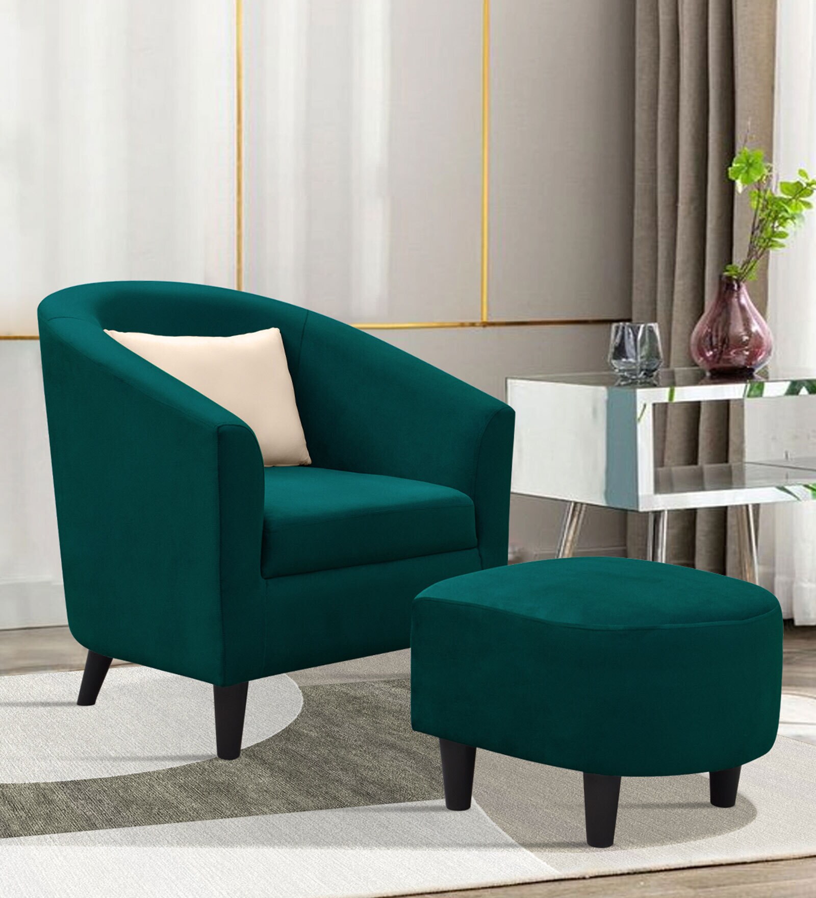 Danney Fabric Barrel Chair With Ottoman in Green Colour