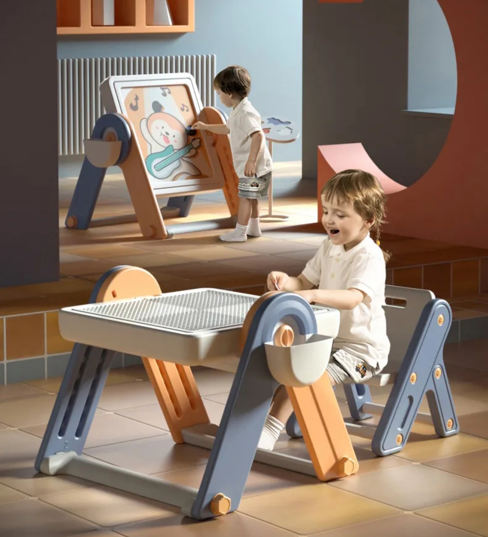 Danny Plastic Kids Activity Table in Blue & Yellow Colour with Block Wall Danny Plastic Kids Activity Table in Blue & Yellow Colour with Block Wall