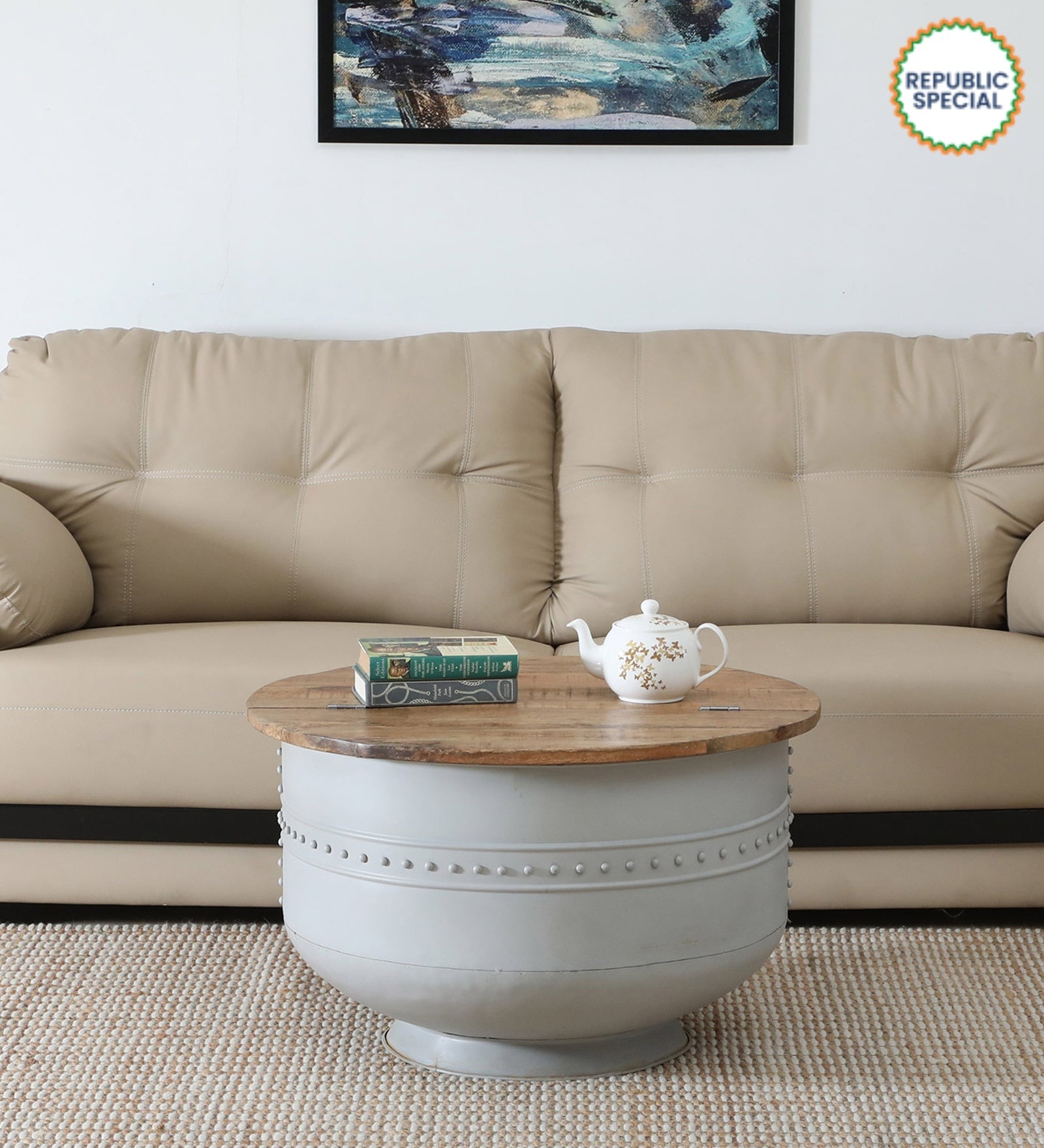 Danzi Metallic Coffee Table In White And Natural Finish With Storage