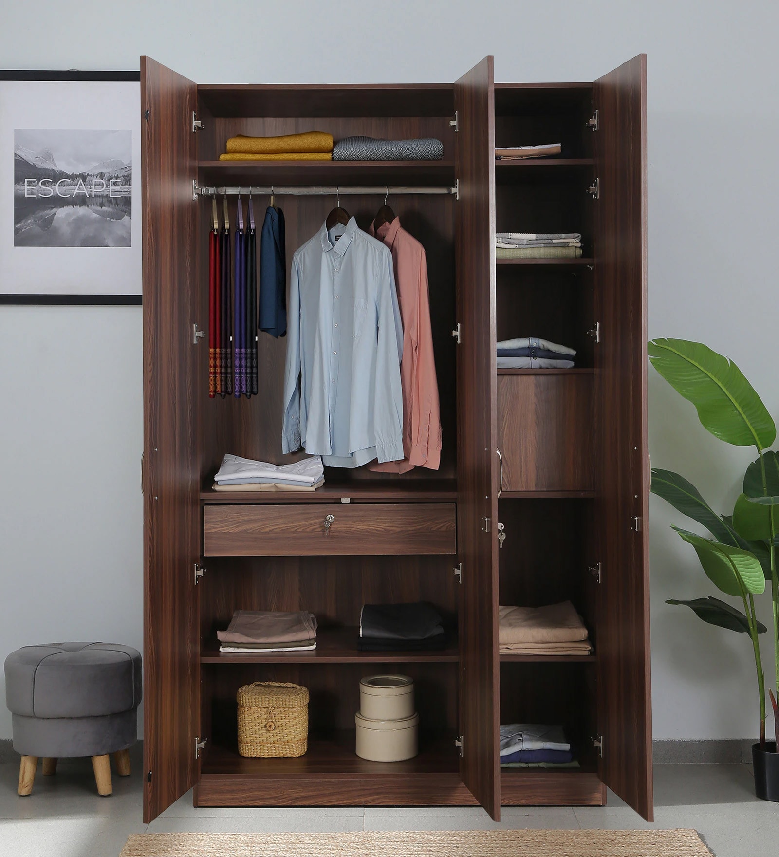 Dario 3 Door Wardrobe In Rolex Brown & Suede Finish With Locker & Drawer