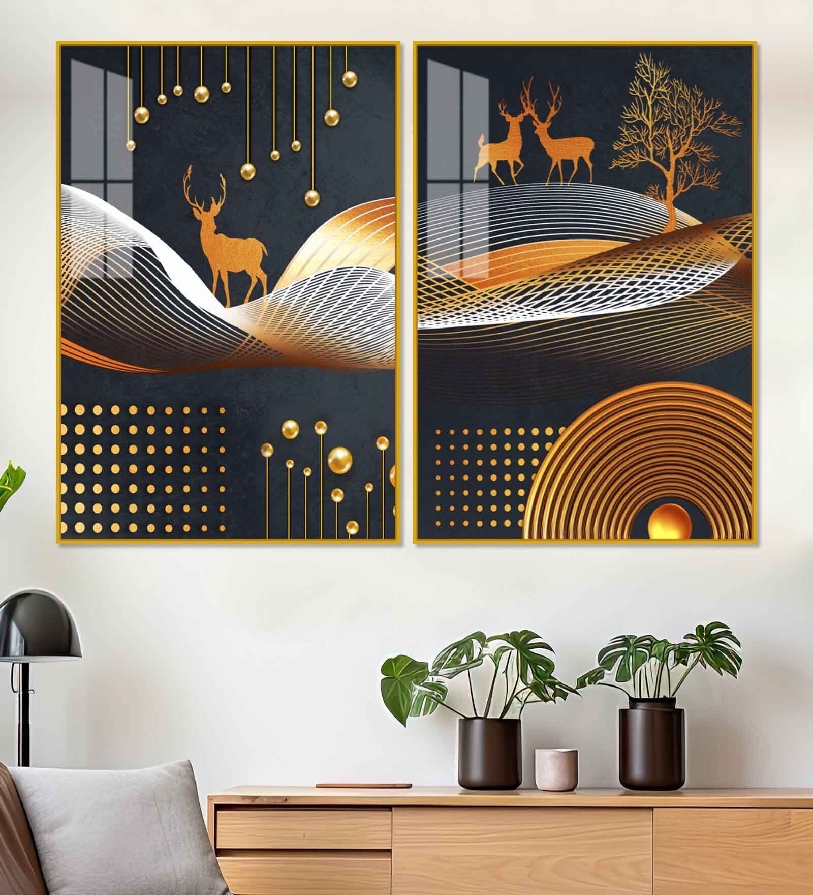 Dark Backgroundnt Golden Deer Classic Acrylic Framed Art Panel (Set Of 2)