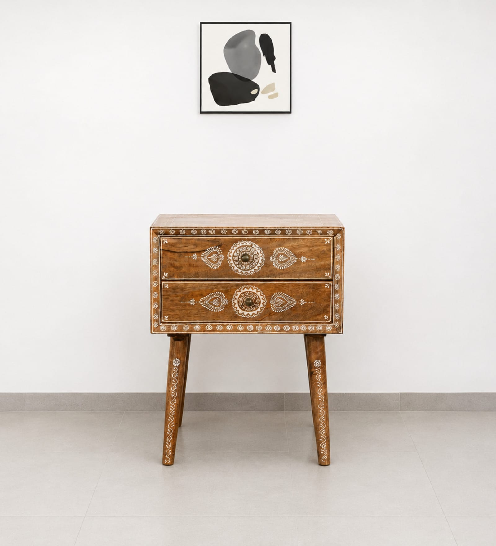  Antique Wooden Side Table With Brass Fittings In Yellow Colour