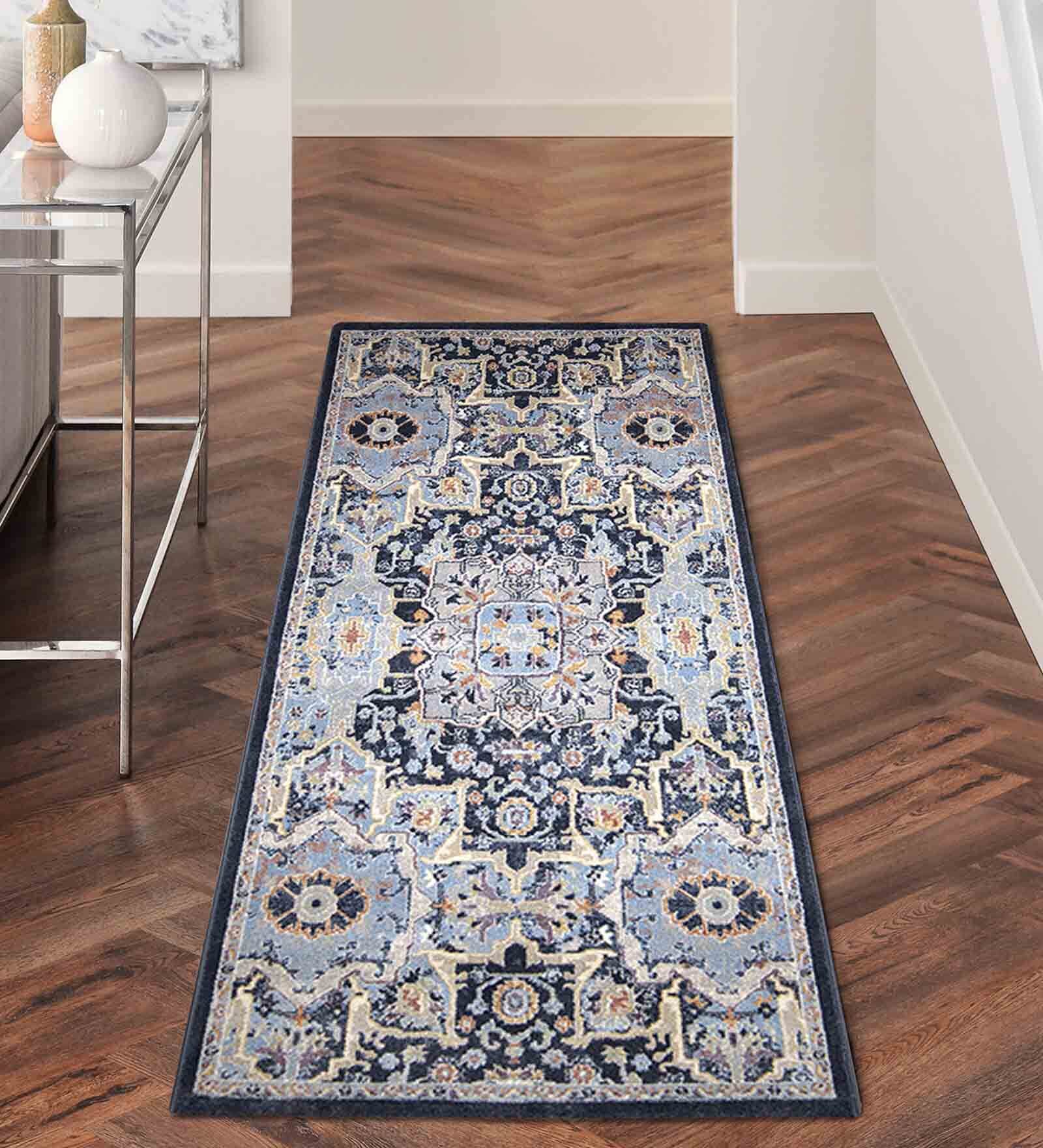 Dark Blue Abstract Polyester 59x24 Inches Machine Made Floor Runner