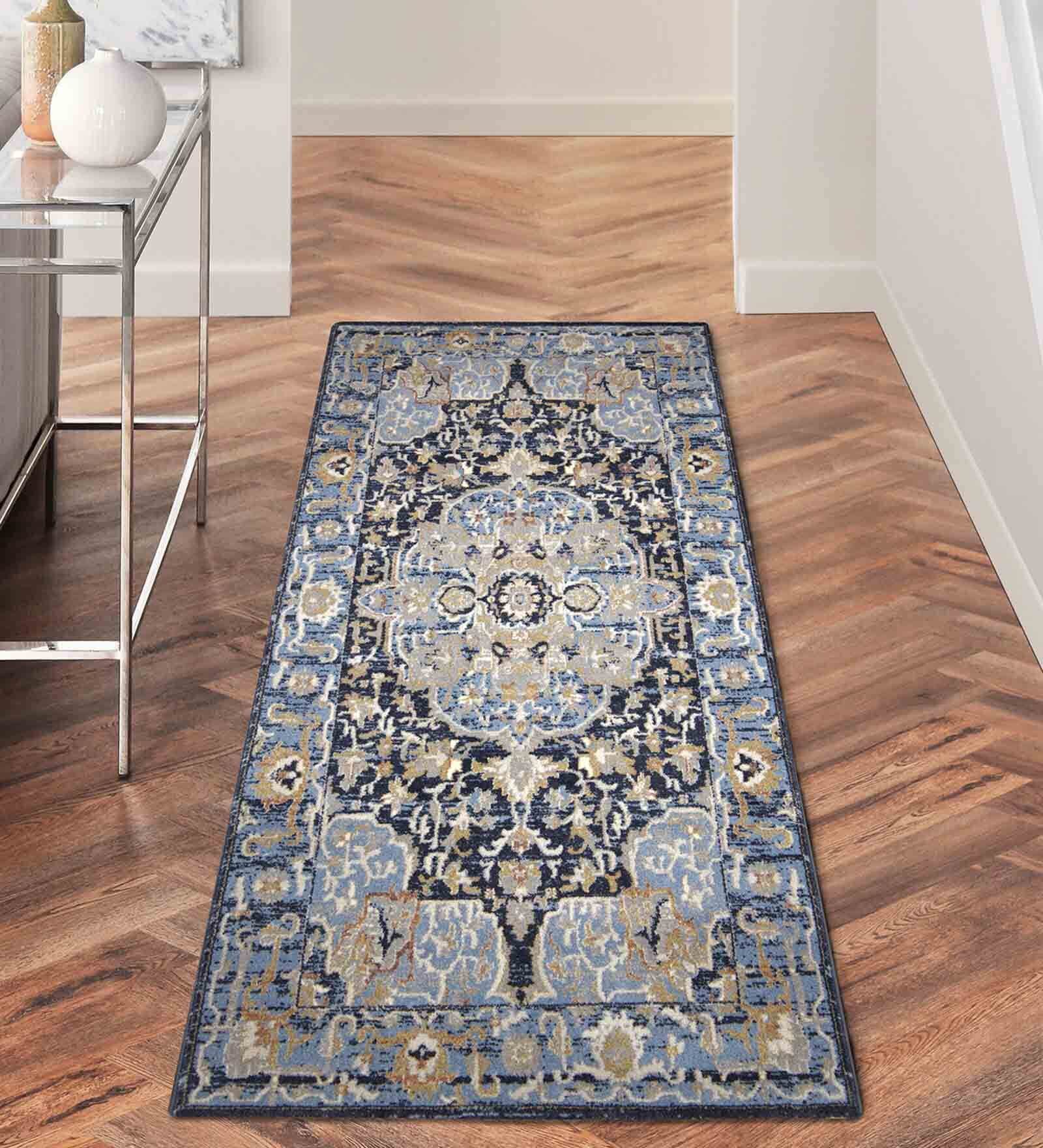Dark Blue Abstract Polyester 59x32 Inches Machine Made Floor Runner