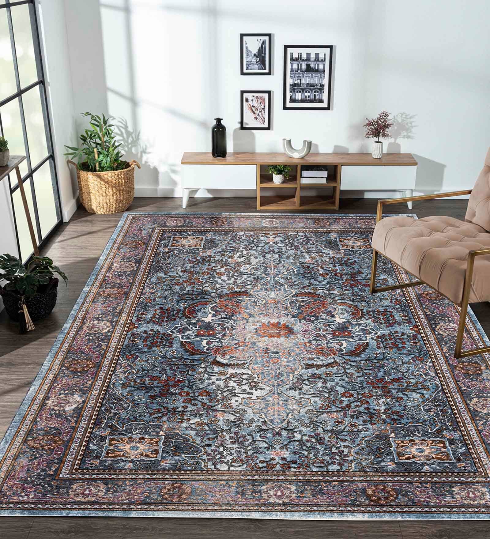 Dark Blue Abstract Polyester 59x32 Inches Machine Made Floor Runner