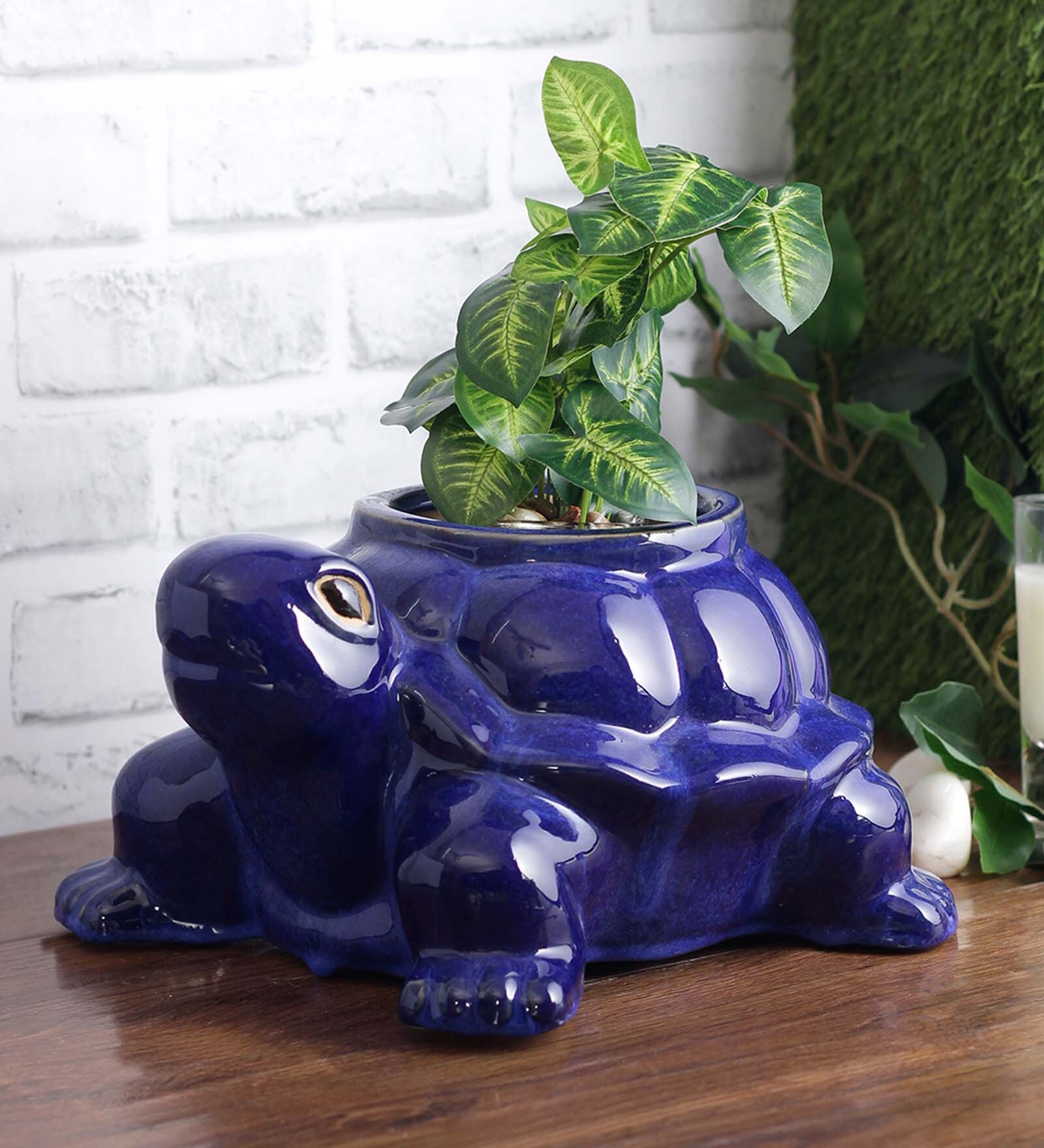 Dark Blue Ceramic Turtle Shape Planter