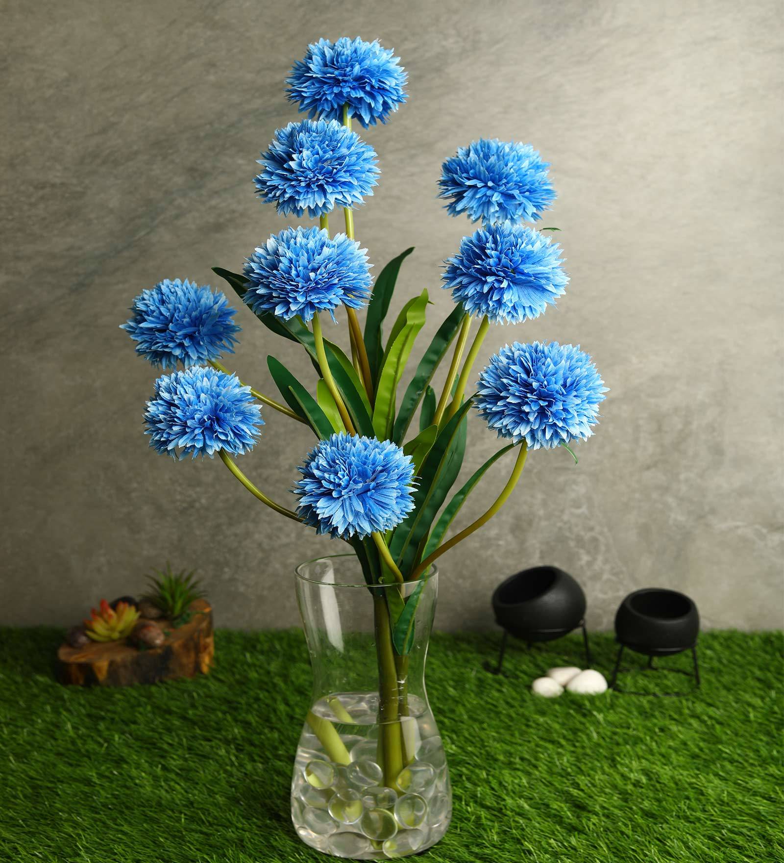 Dark blue Fabric Decorative Artificial BallMum Flowers Set of 3