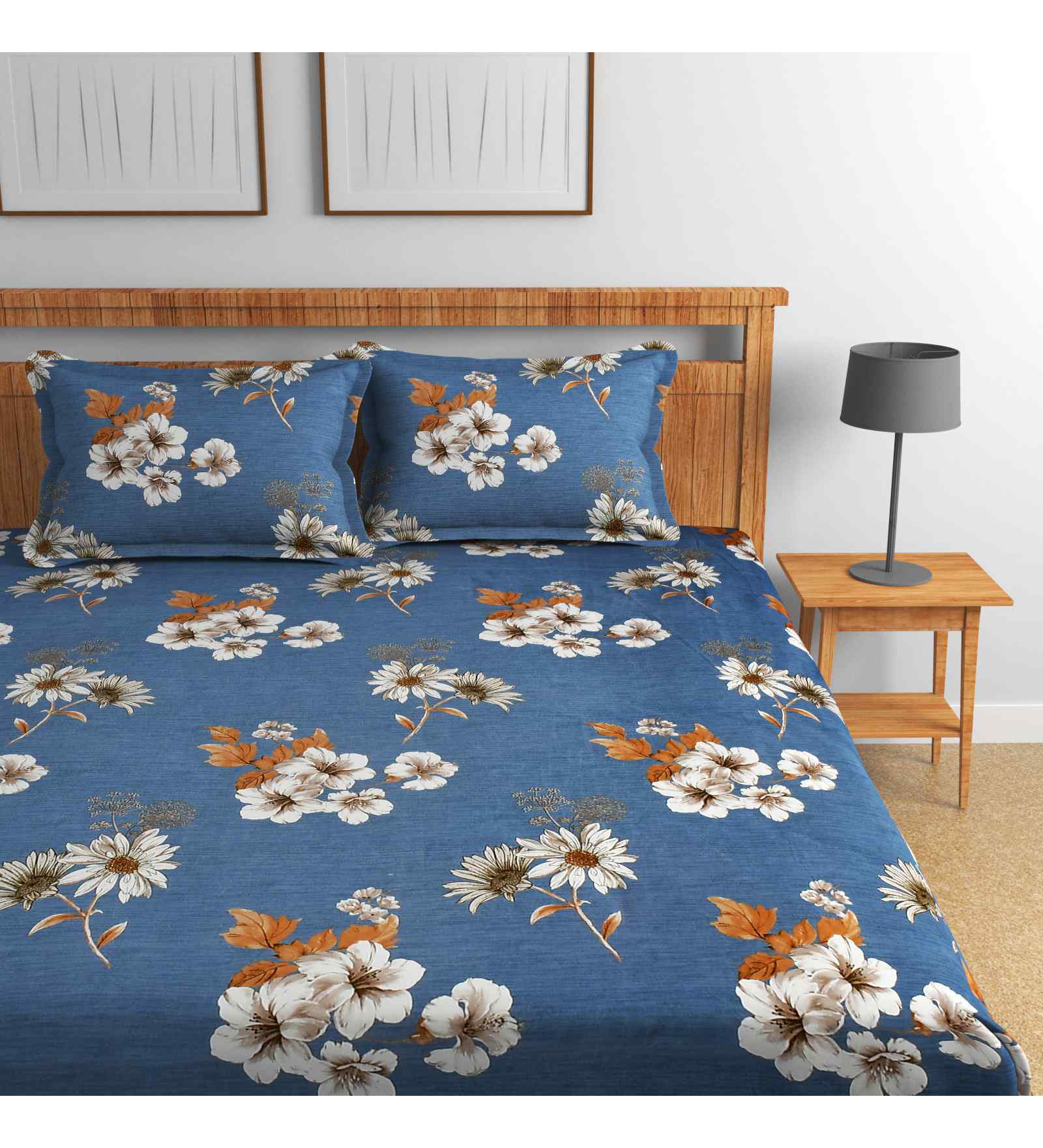 Dark Blue Floral 144 TC Cotton King Fitted Bedsheet Bedsheet 2 Pillow Rose Collection