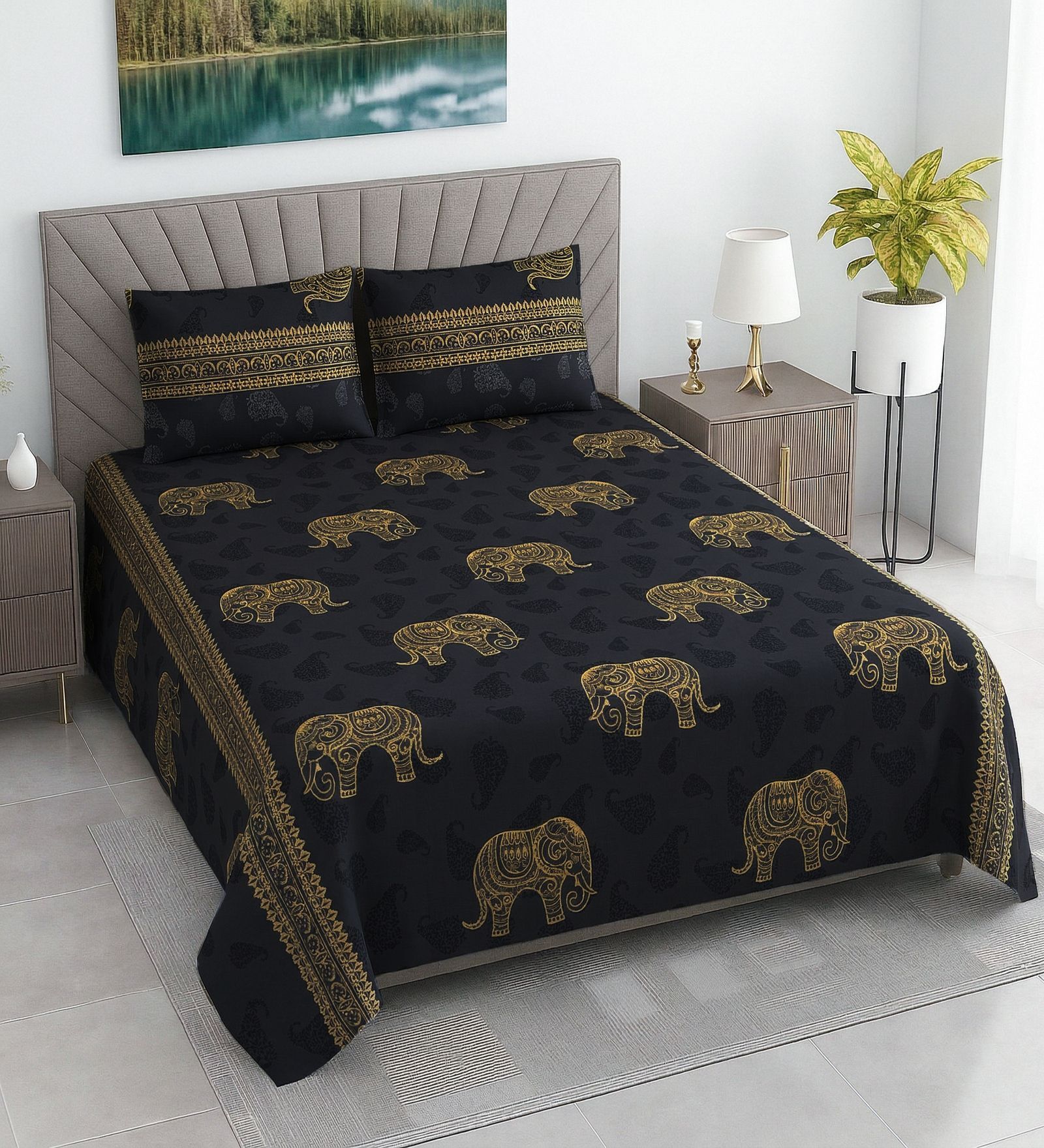 Dark Blue Floral 400 TC Cotton Double Queen Size Bedsheet With 2 Pillow Covers