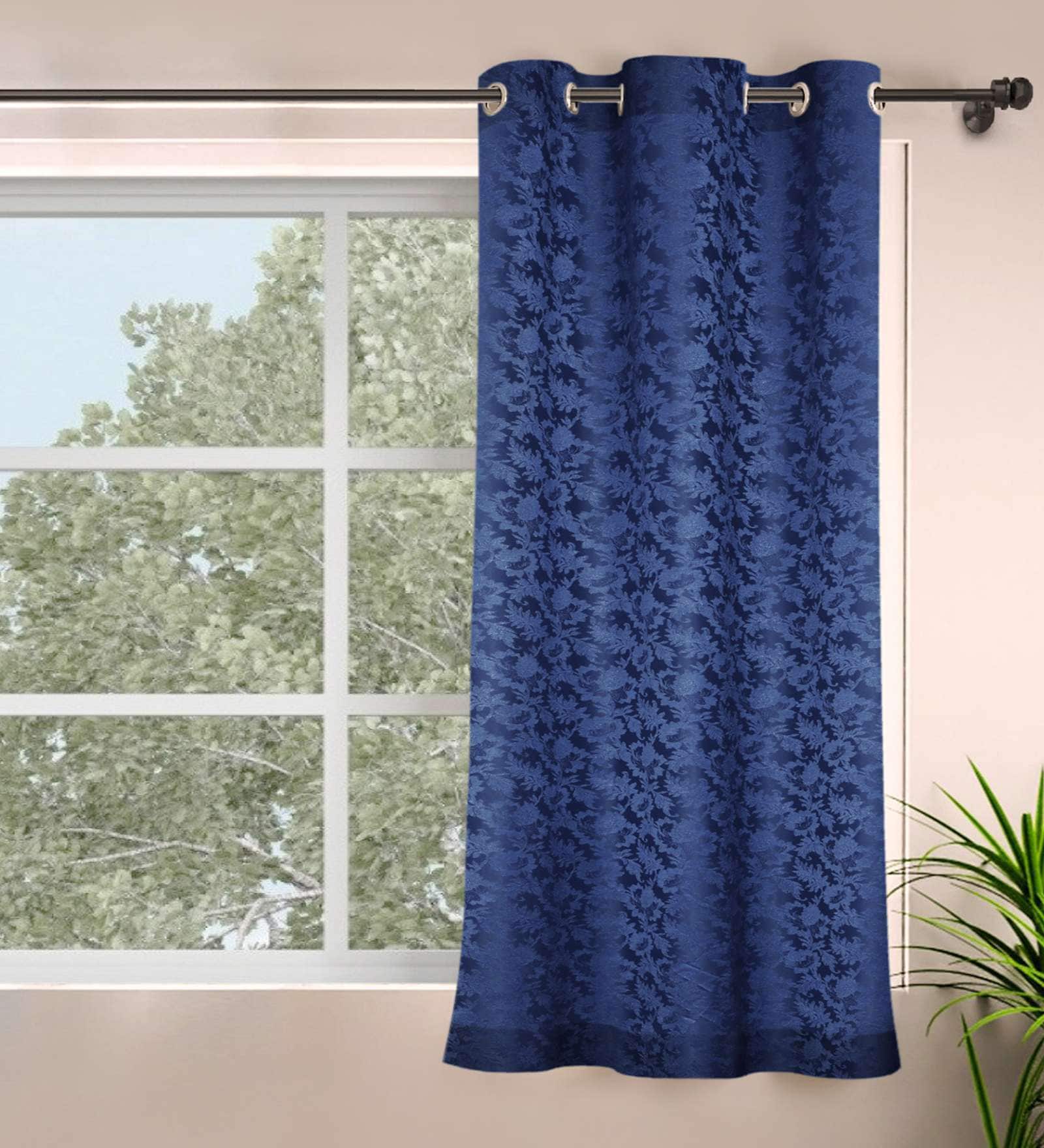 Dark Blue Polyester Jacquard 5ft Regular Eyelet Window Curtain