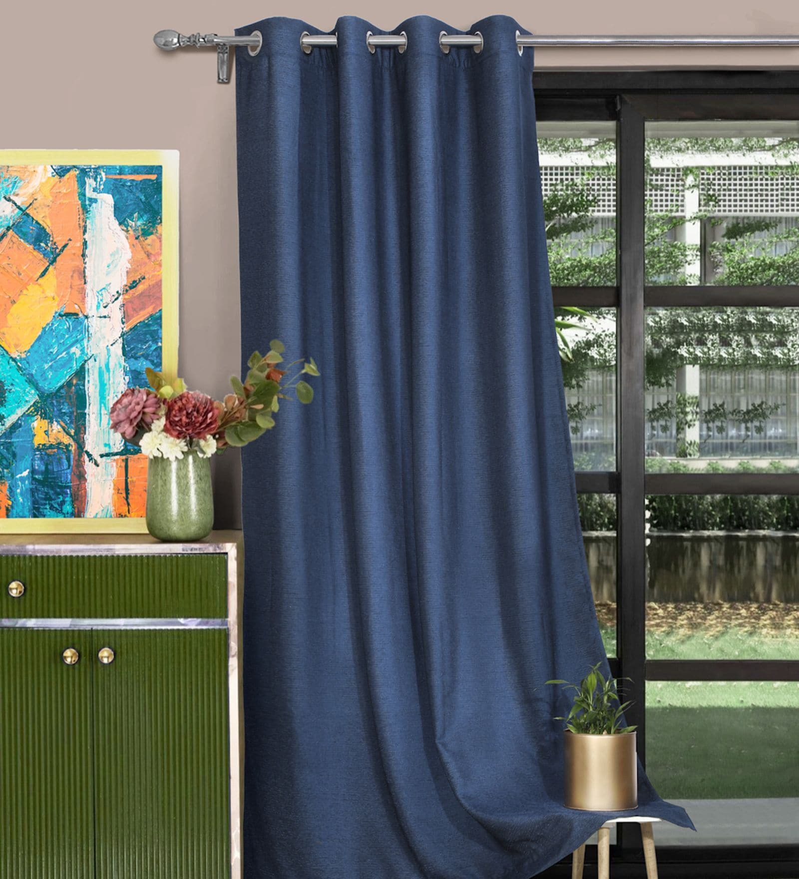 Dark Blue Polyester Solid 7ft Room Darkening Eyelet Door Curtain