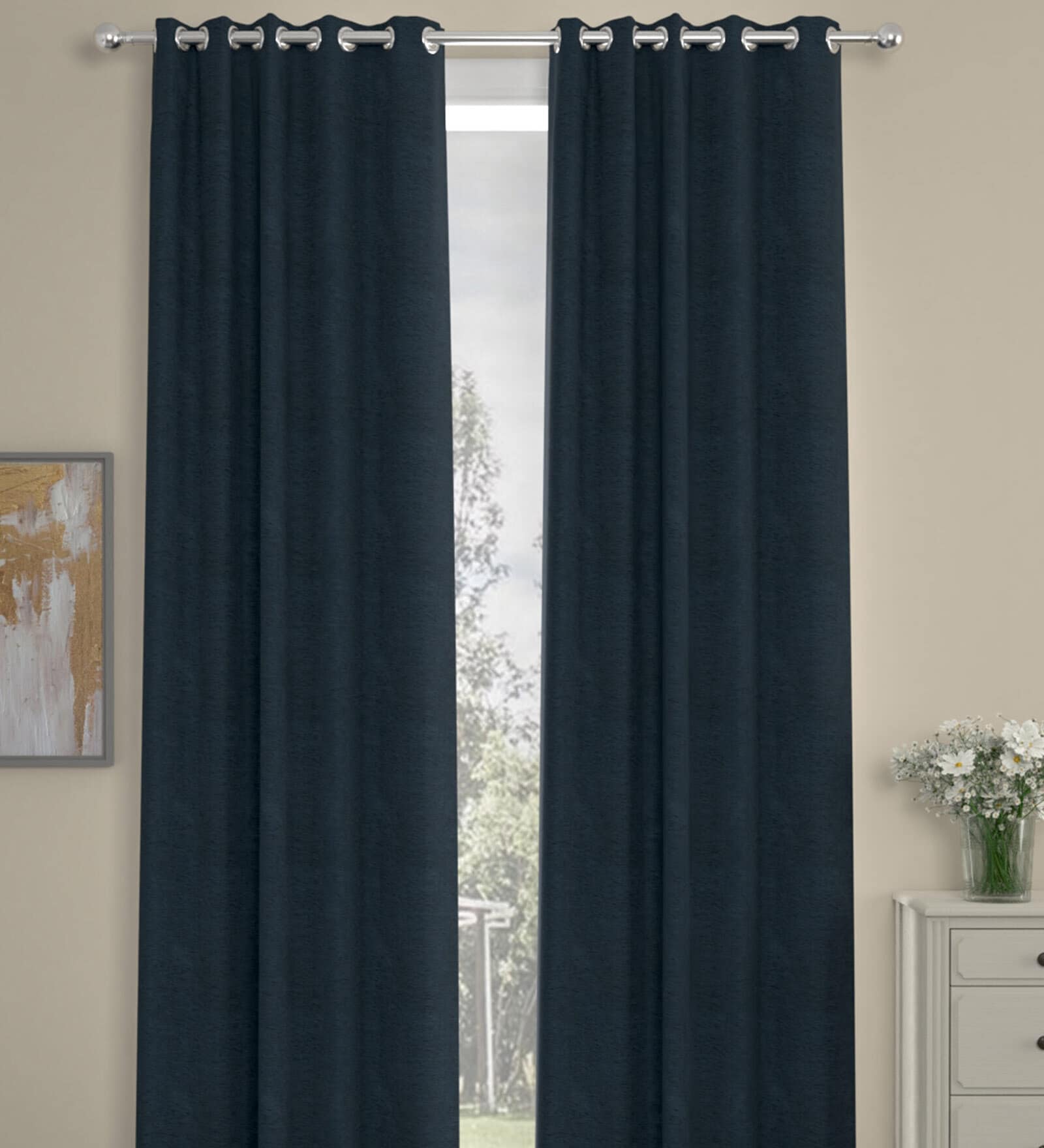 Dark Blue Polyester Solid 9 Ft Semisheer Eyelet 2 Door Curtains