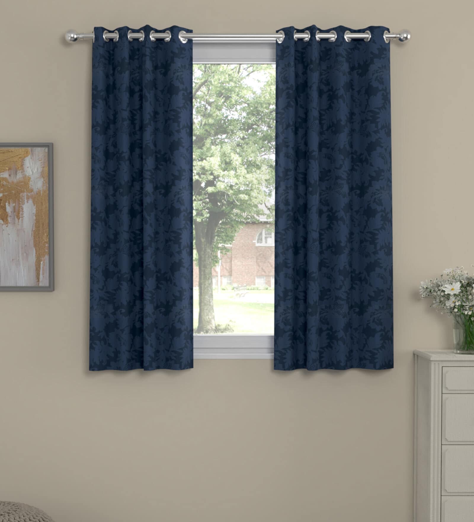 Dark Blue Polyester Floral  5 Ft  Semisheer Eyelet 2 Window Curtains