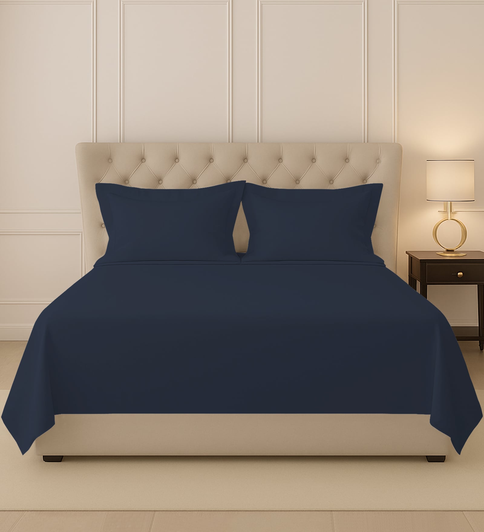Dark Blue Solid 400 TC Cotton King Sized Bedsheet with 2 Pillow Covers