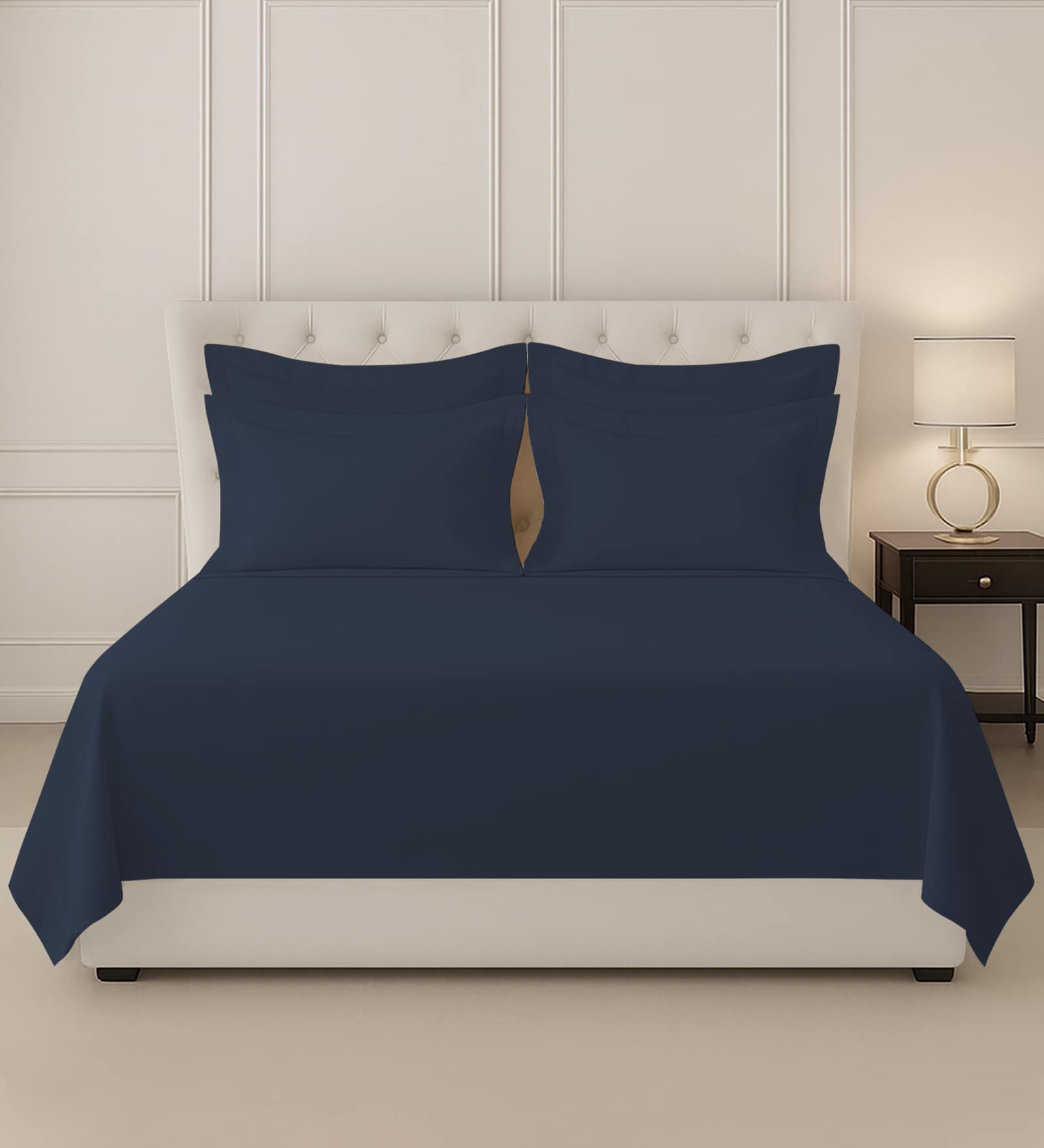Dark Blue Solid 400 TC Cotton Super King Sized Bedsheet with 4 Pillow Covers