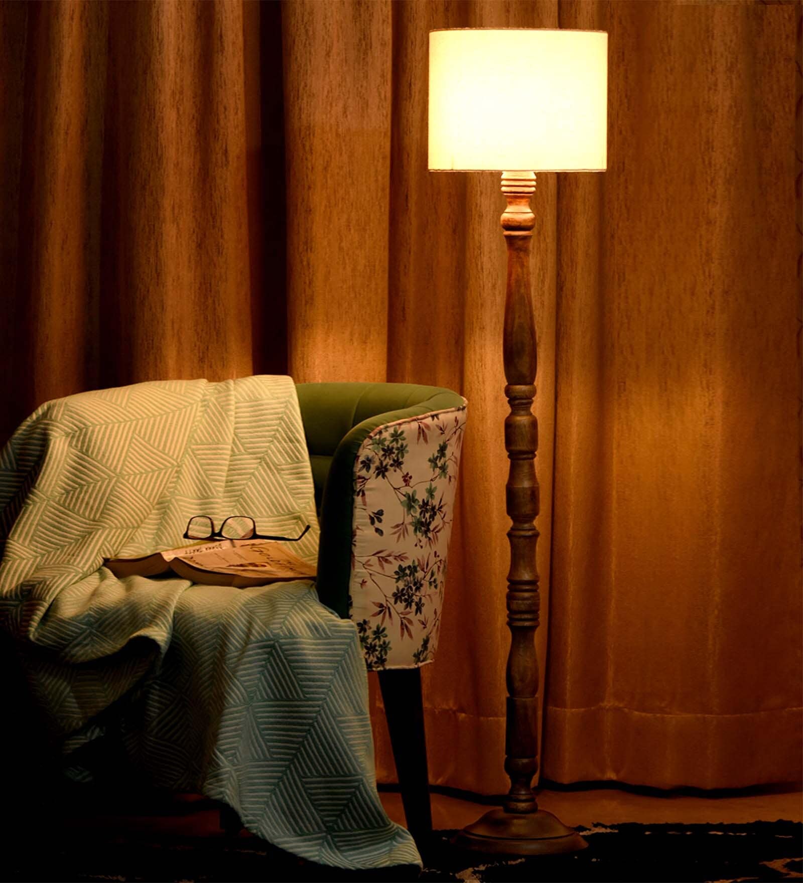 Dark Brown Floor Lamp With White Cotton Shade