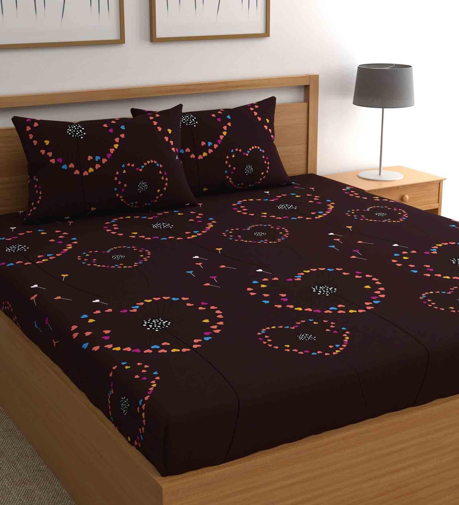 Brown Abstract Bohemya 160 TC Microfiber Queen Sized Bedsheet with 2 Pillow Covers