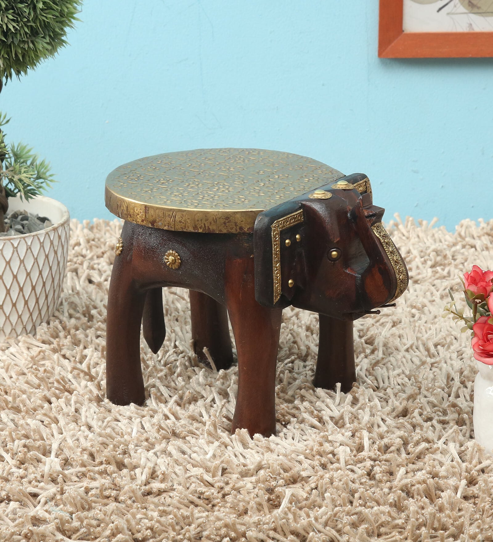 Forest Dark Brown Wooden Brass Metal Polish Elephant Stool