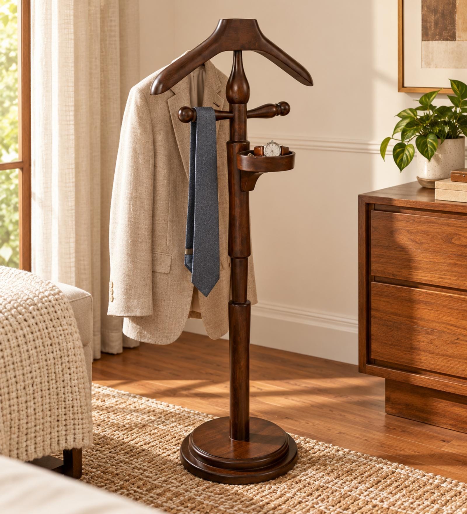 Dark Brown Wooden Coat Stand with Tie Holder & Trinket Dish