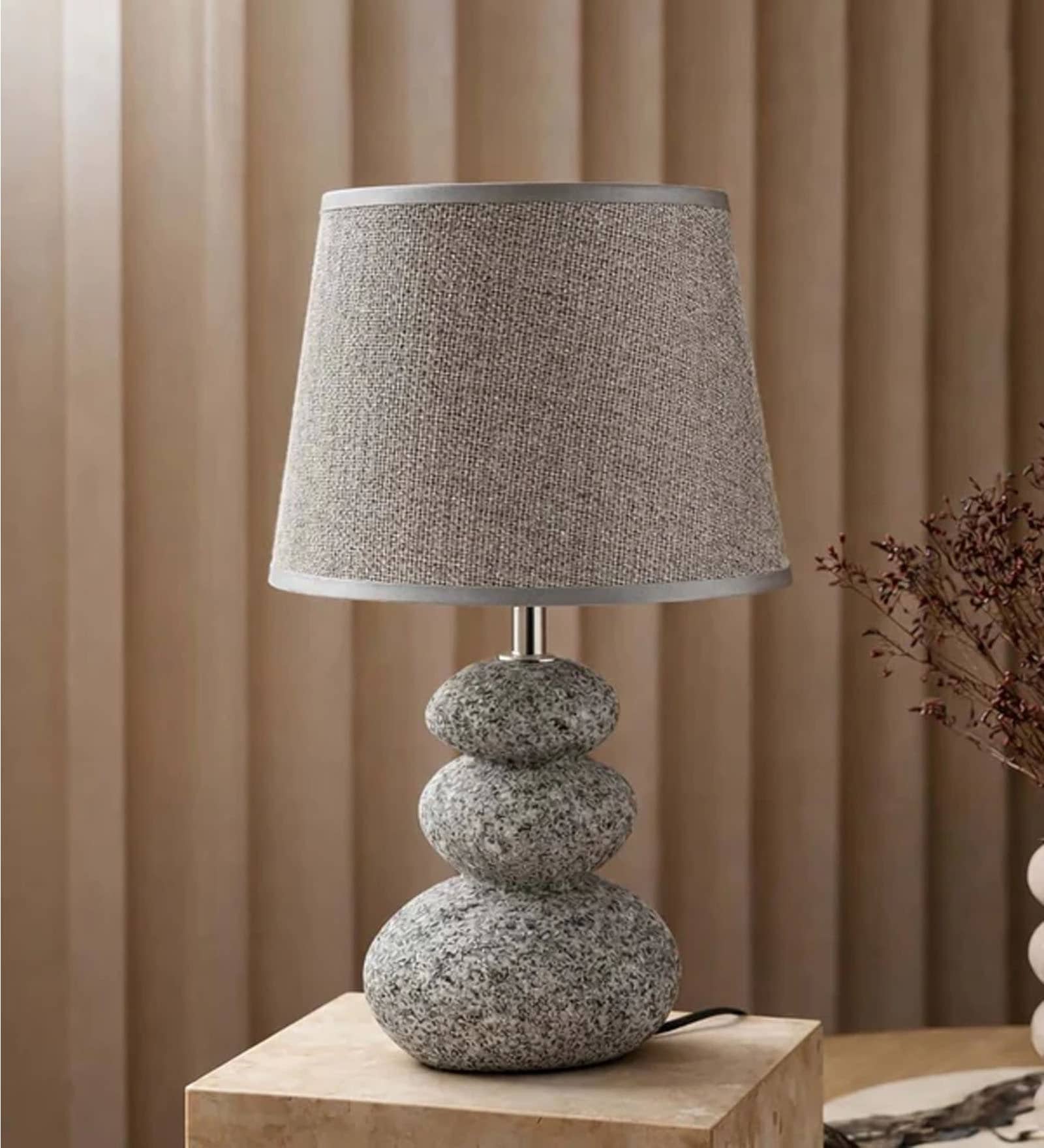 Dark Gray Table Lamp Modern Design Fabric Lampshade Pebble Shaped Ceramic Base
