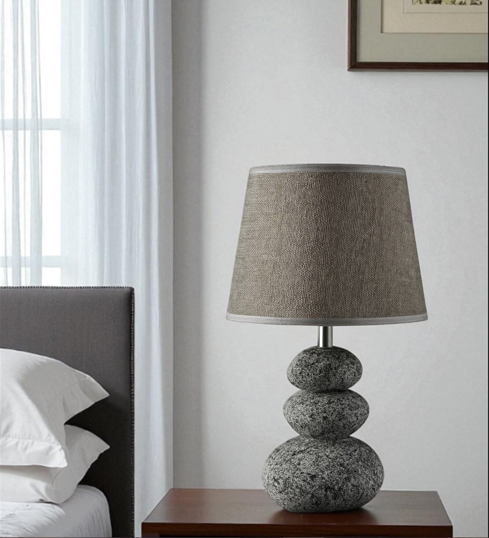 Dark Gray Table Lamp Modern Design Fabric Lampshade Pebble Shaped Ceramic Base