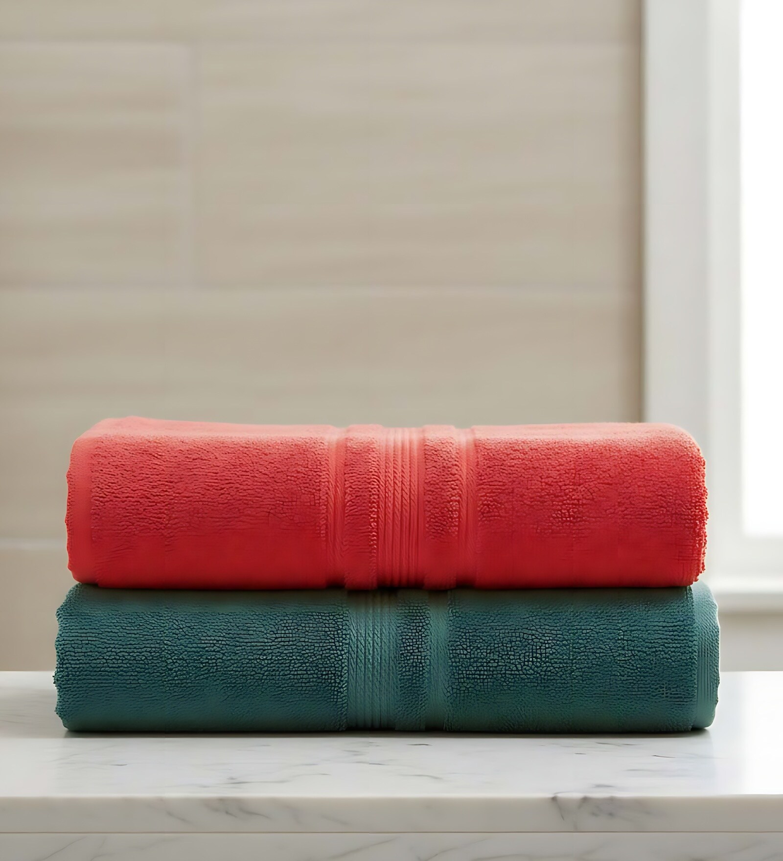 Dark Green & Red Soft Cotton 500 GSM Solid Bath Towel Pack Of 2