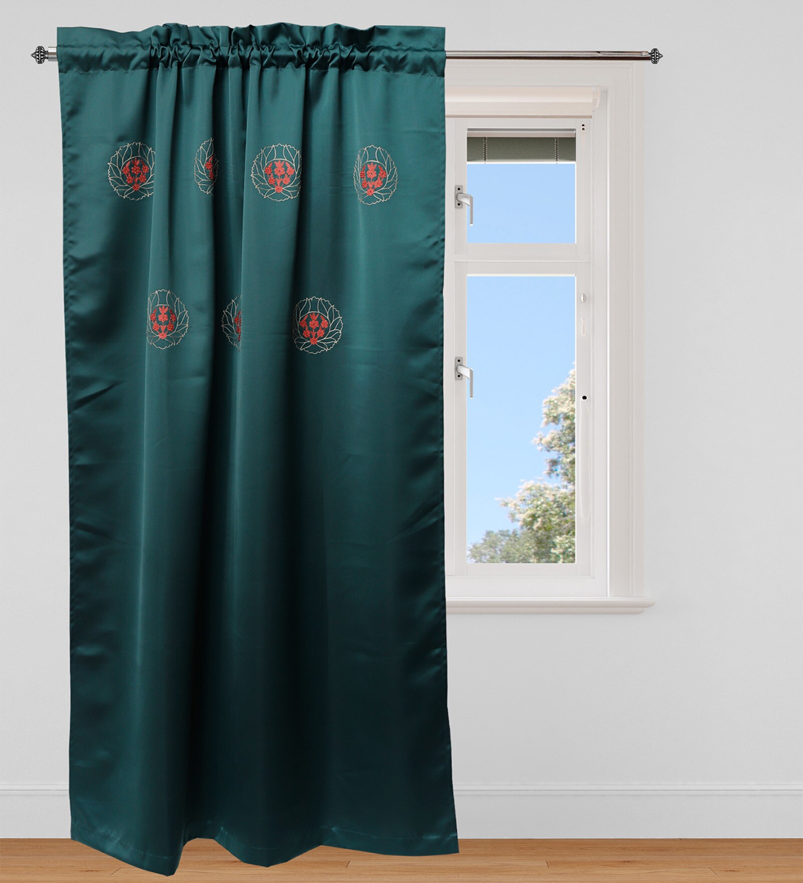 Dark Green Floral Cotton 8 Ft Blackout Rod Pocket Door Curtain