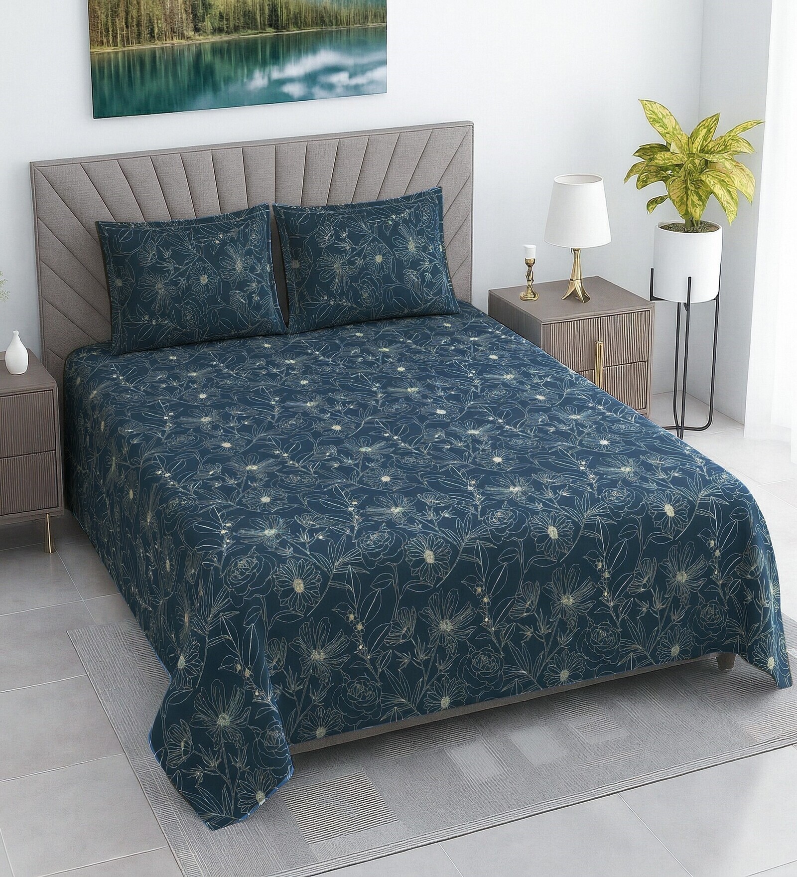 Dark Green Floral 280 TC Cotton Double Queen Size Bedsheet With 2 Pillow Covers