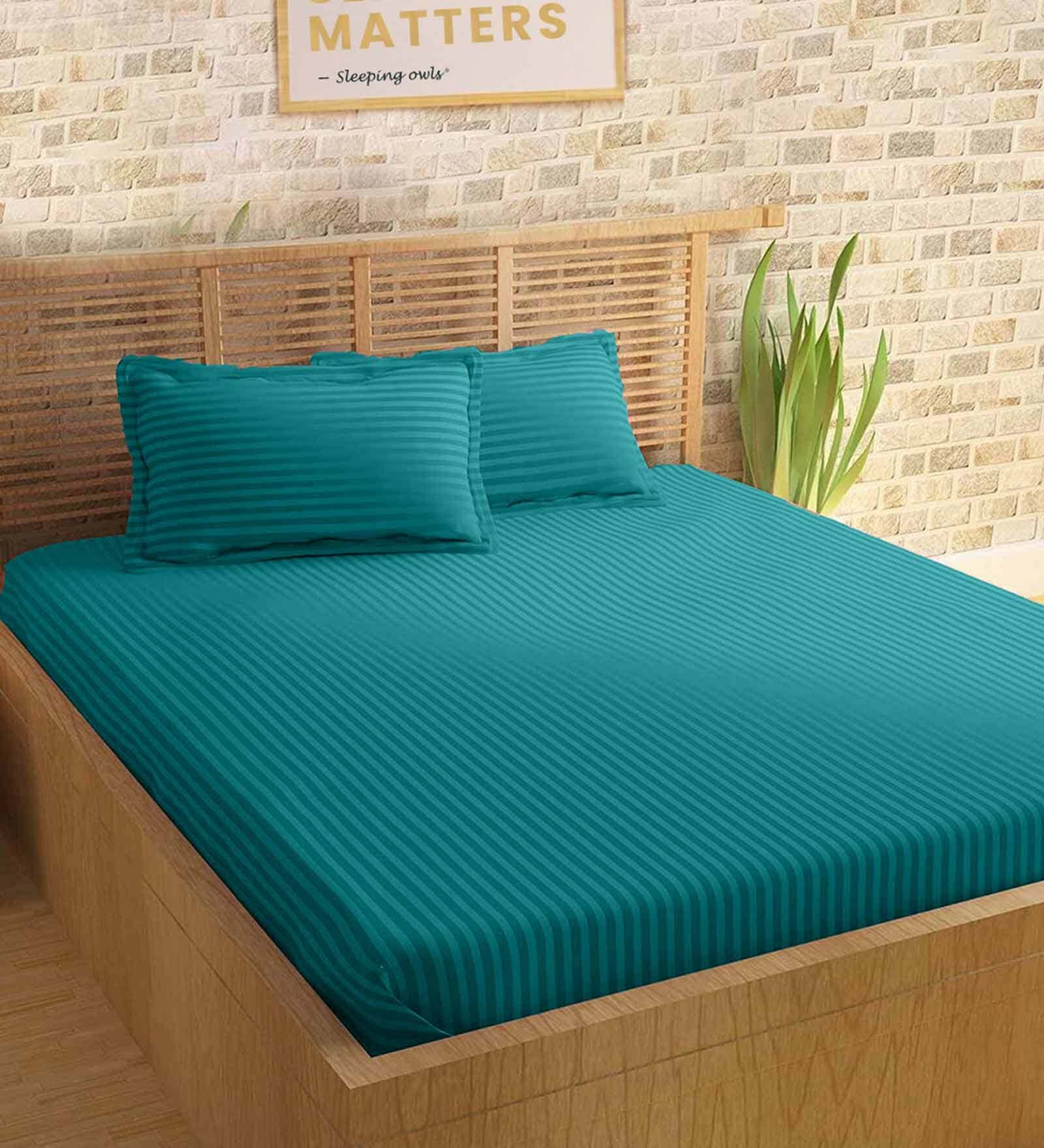 Blue Striped 210 Tc 100% Cotton King Sized Bed Sheets With 2 Pillow Covers