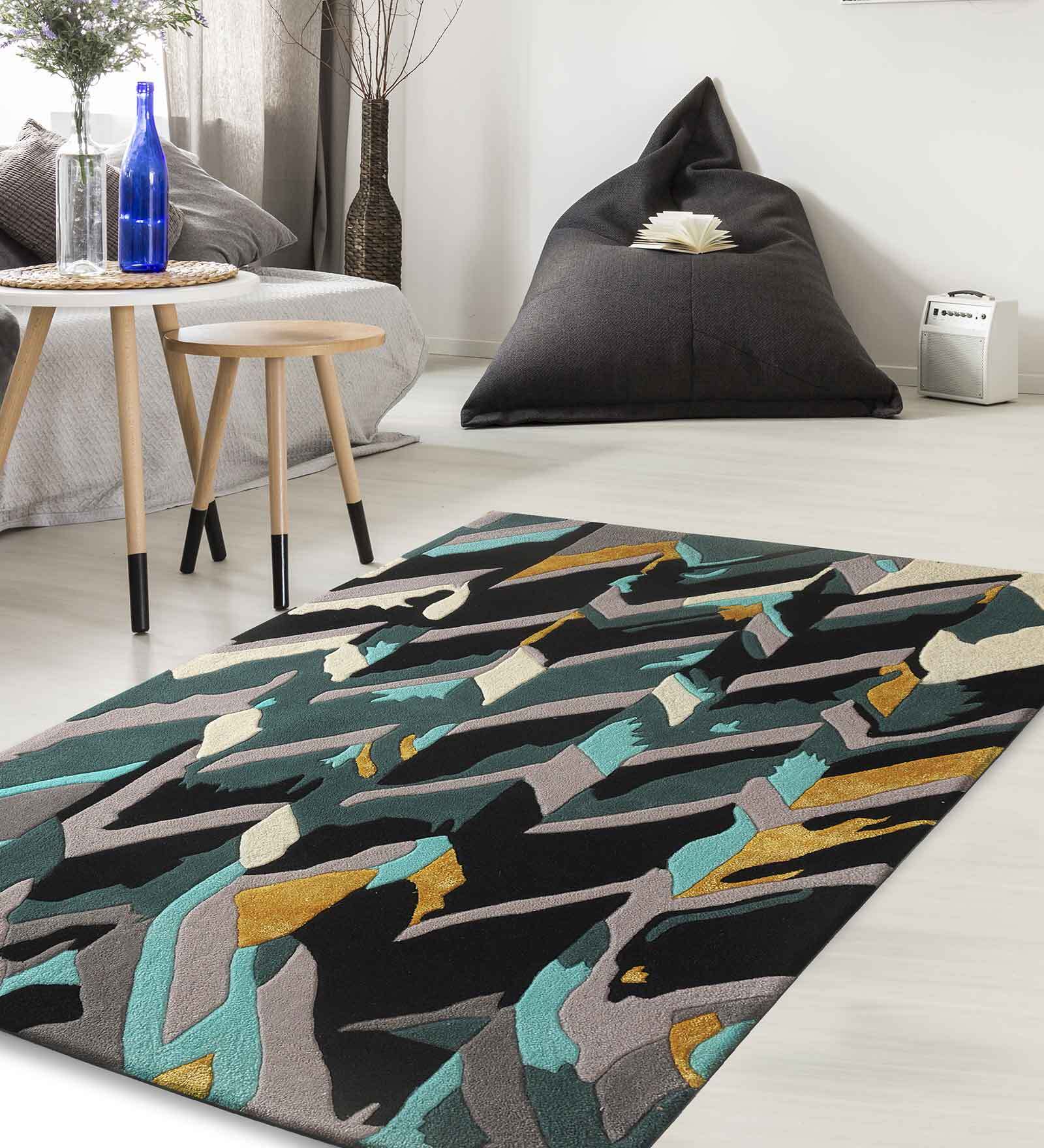 Buy Dark Green Wool And Art Silk Abstract 5 x 7 Feet Hand Tufted Carpet