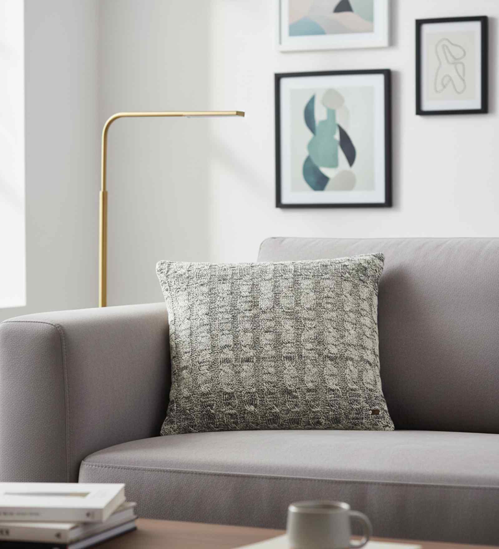 Dark Grey & Natural 100% Cotton Cable Knit 18X18 Inches Knitted Cushion Cover