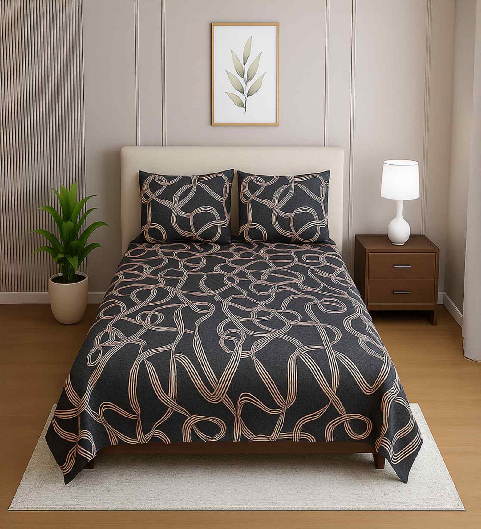 Dark Grey Abstract 210 TC Mix Cotton Single Bed Size Bedsheet wih 2 Pillow cover Essential Series Collection