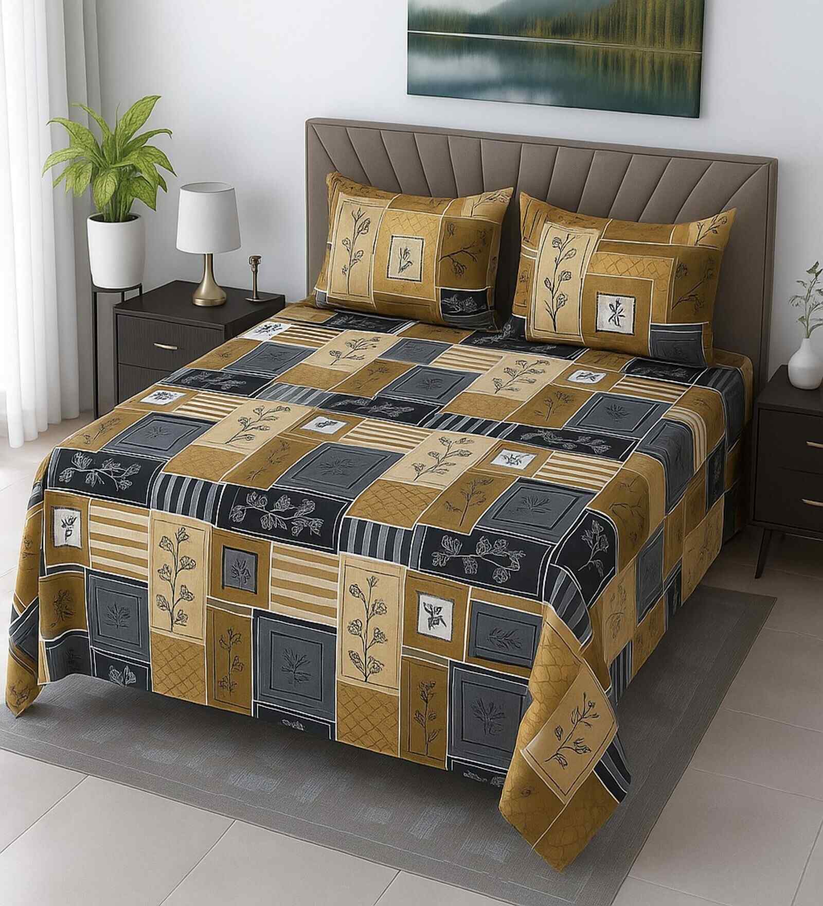 Dark Grey Floral 400 TC Cotton Super King Size Bedsheet with 2 Pilllow covers Essential Series Collection