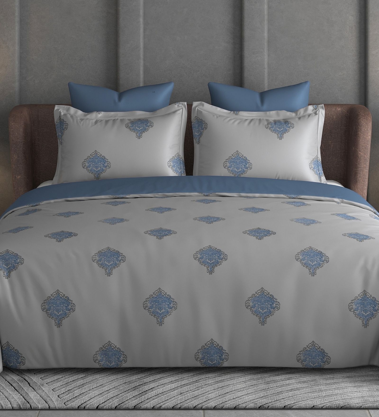 Dark Grey Floral 600TC Cotton Super King Sized Double Bedsheet with 2 Embroidery Pillow Covers