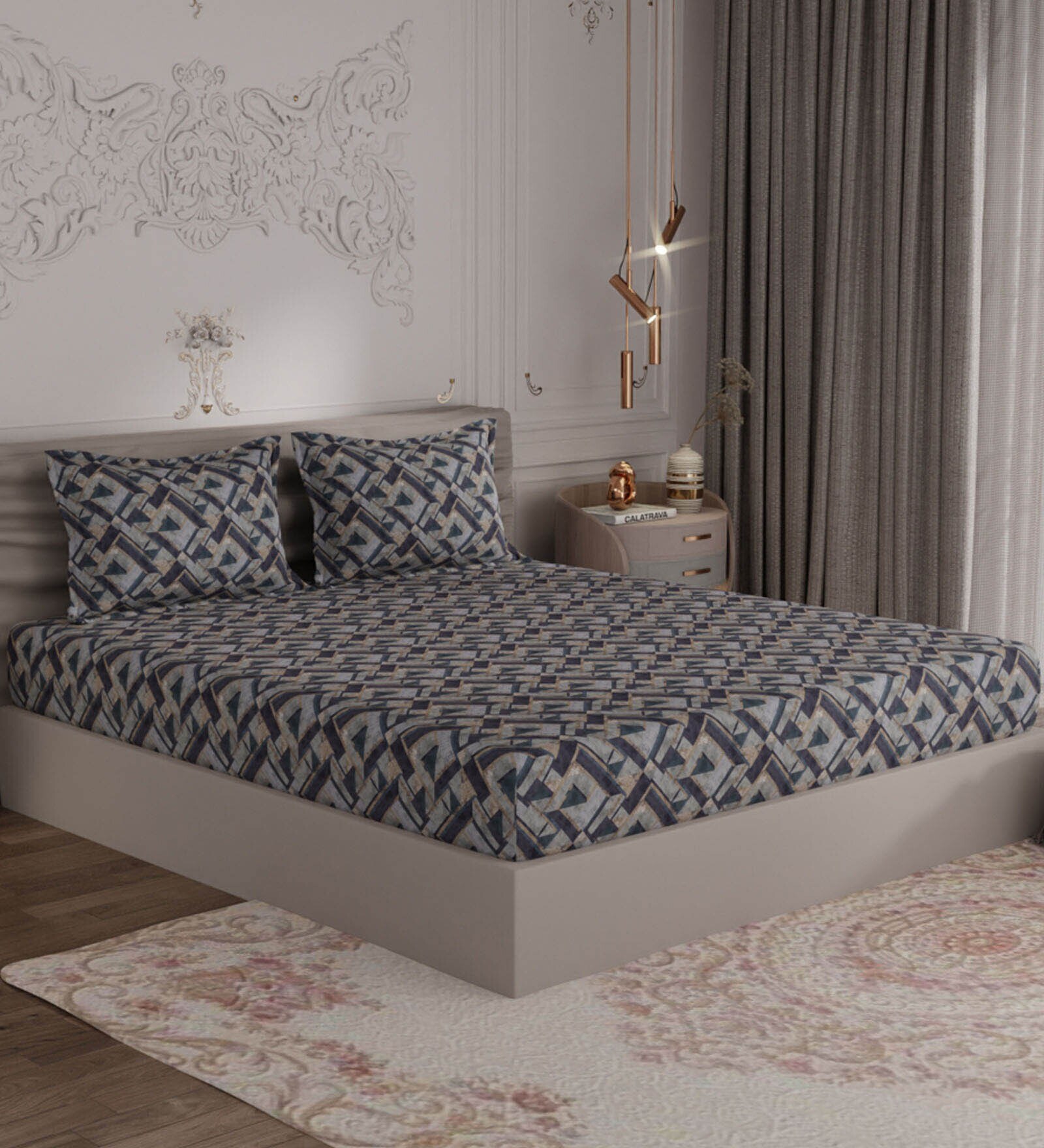 Dark Grey Geometric 300 TC 100% Cotton Double Bedsheet With 2 Pillow Covers Amorous Collection