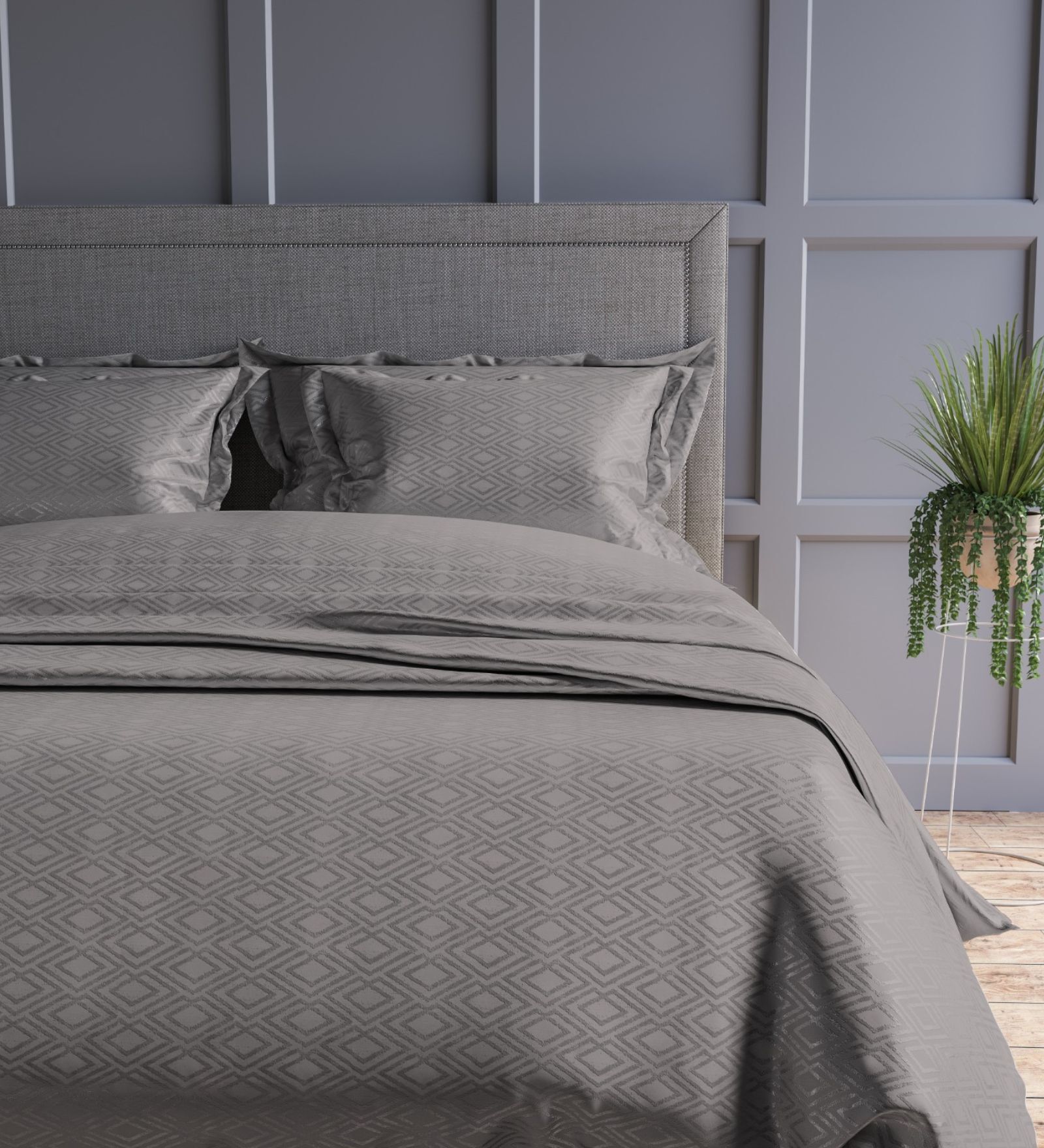 Dark Grey Geometric 300TC Cotton Super King Sized Double Bedsheet with 2 piping Pillow Covers