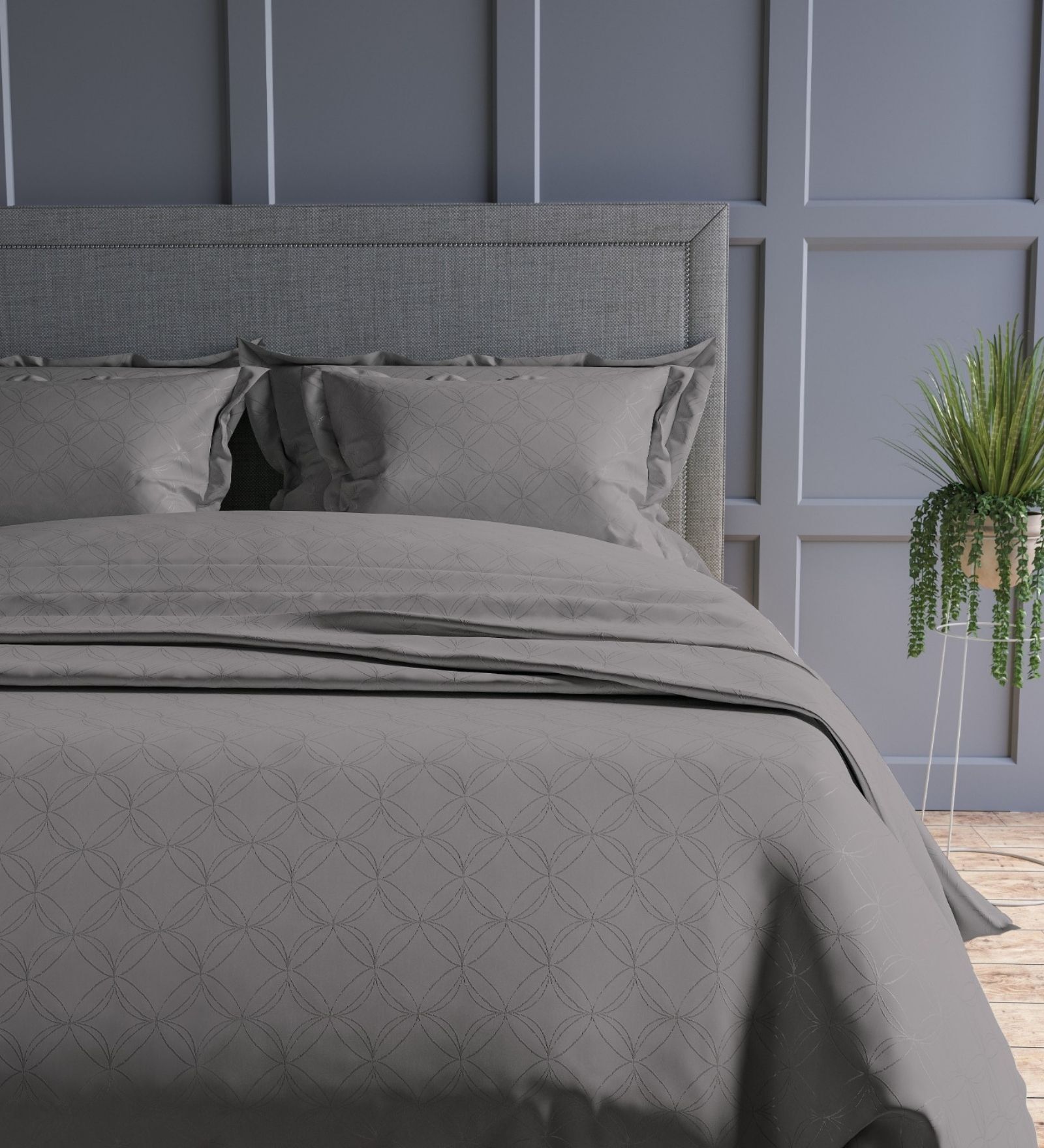 Dark Grey Geometric 300TC Cotton Super King Sized Double Bedsheet with 2 piping Pillow Covers