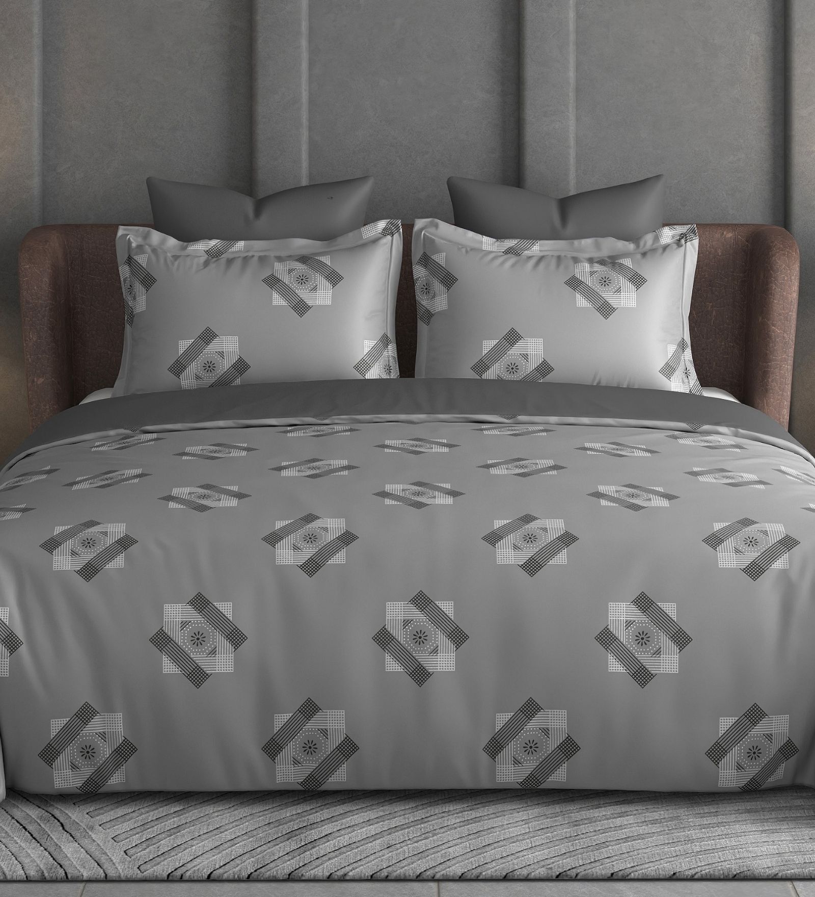 Dark Grey Geometric 600TC Cotton Super King Sized Double Bedsheet with 2 Embroidery Pillow Covers