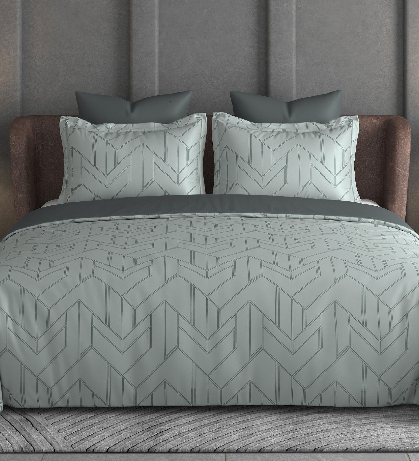 Dark Grey Geometric 600TC Cotton Super King Sized Double Bedsheet with 2 Embroidery Pillow Covers