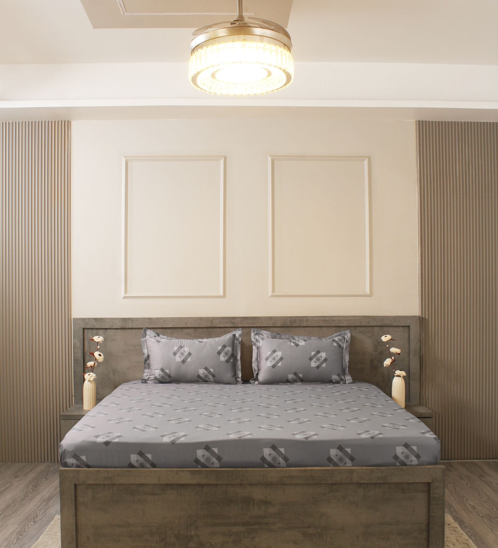 Dark Grey Geometric 600TC Cotton Super King Sized Double Bedsheet with 2 Embroidery Pillow Covers