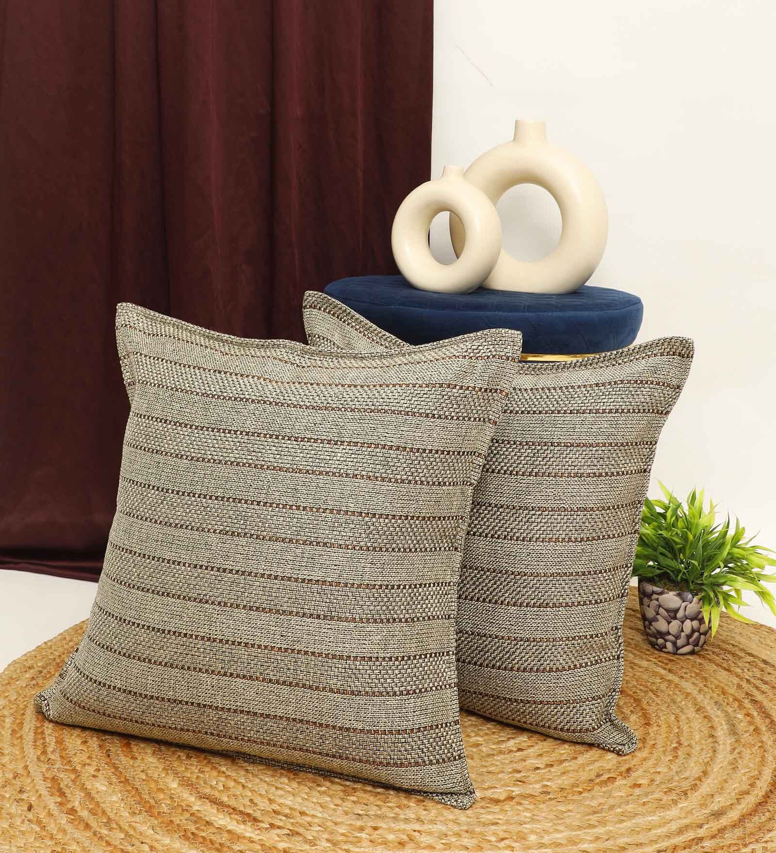 Dark Grey Jute Stripes 16x16 inches  Regular Cushion Covers  (2Pcs)