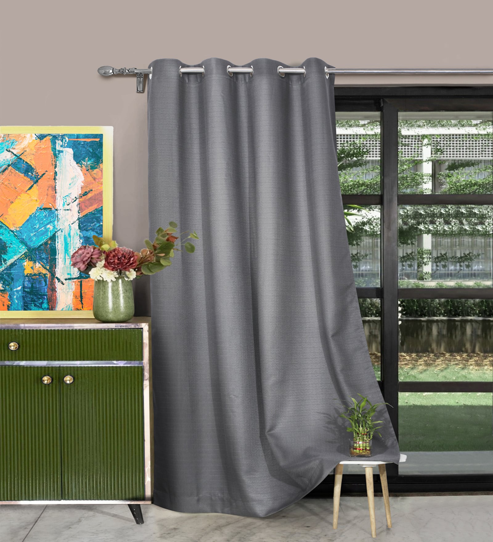 Dark Grey Polyester Solid 7ft Regular Eyelet Door Curtain