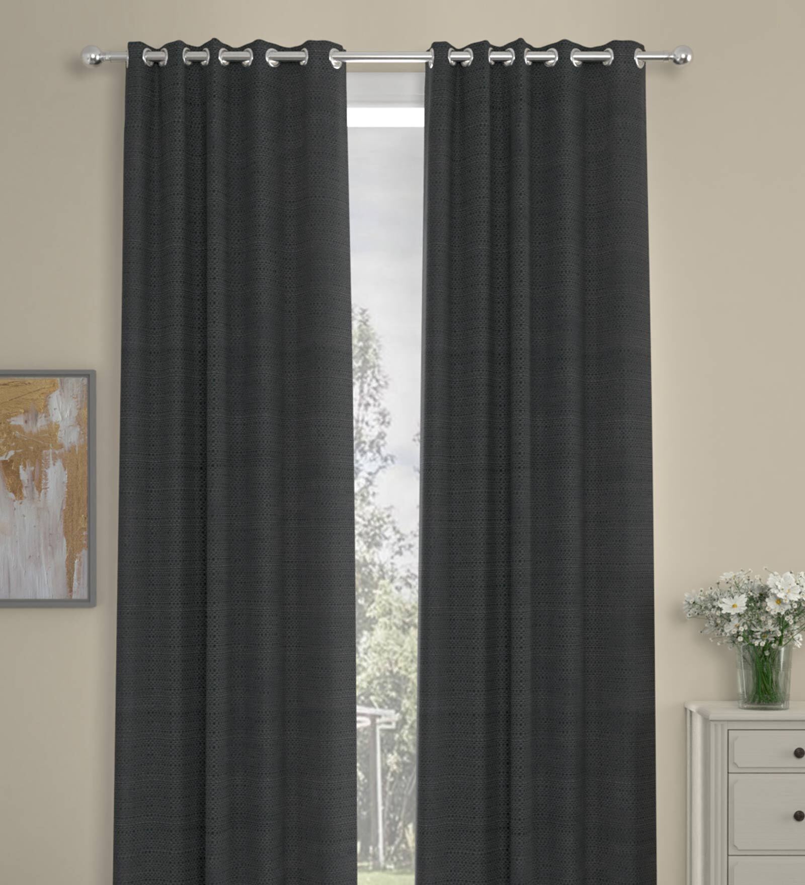 Dark Grey Polyester Solid 9 Ft Semisheer Eyelet 2 Door Curtains