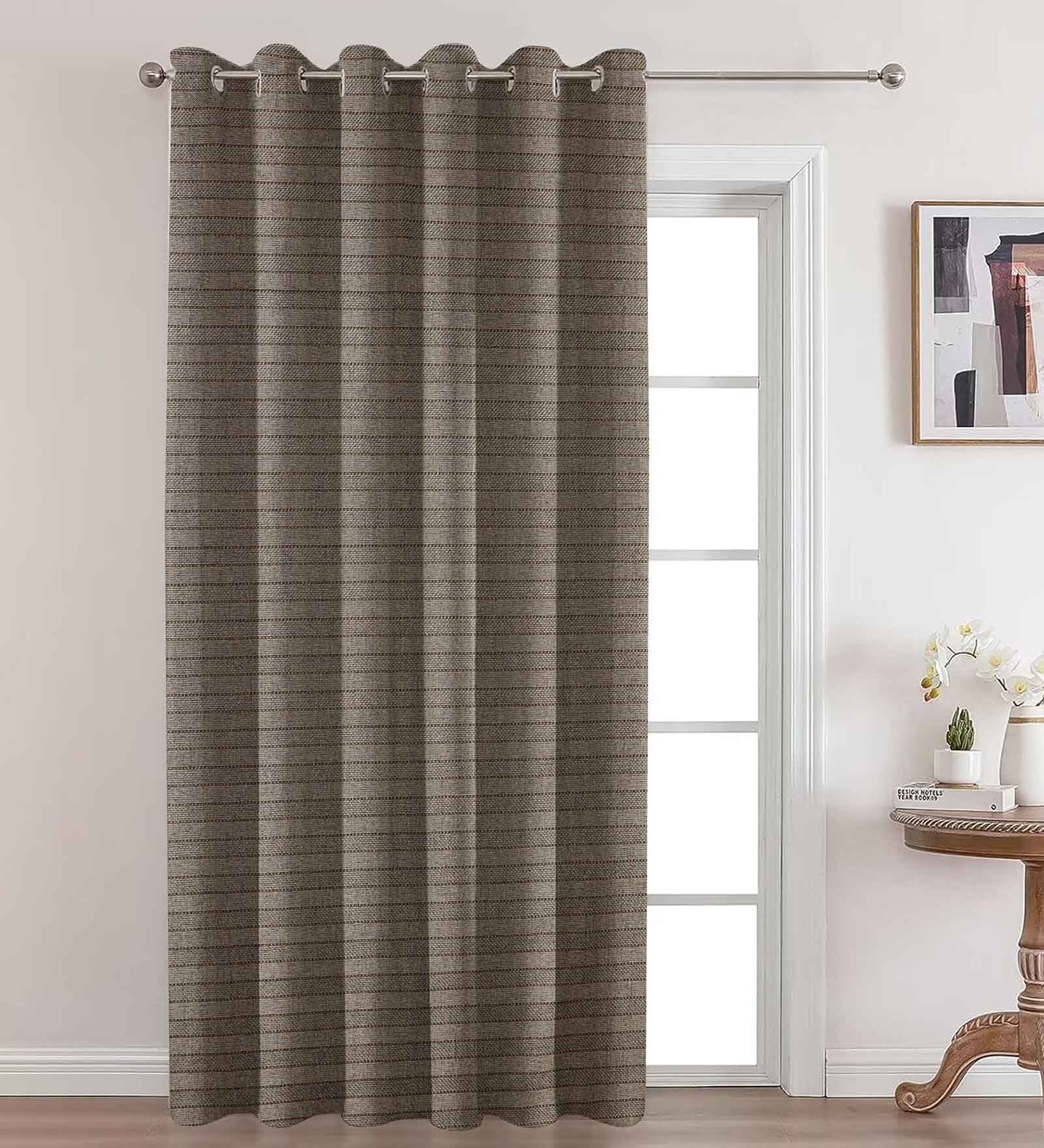 Dark Grey Premium Jute Geometric 8ft Light Filtering Eyelet Long Door Curtain