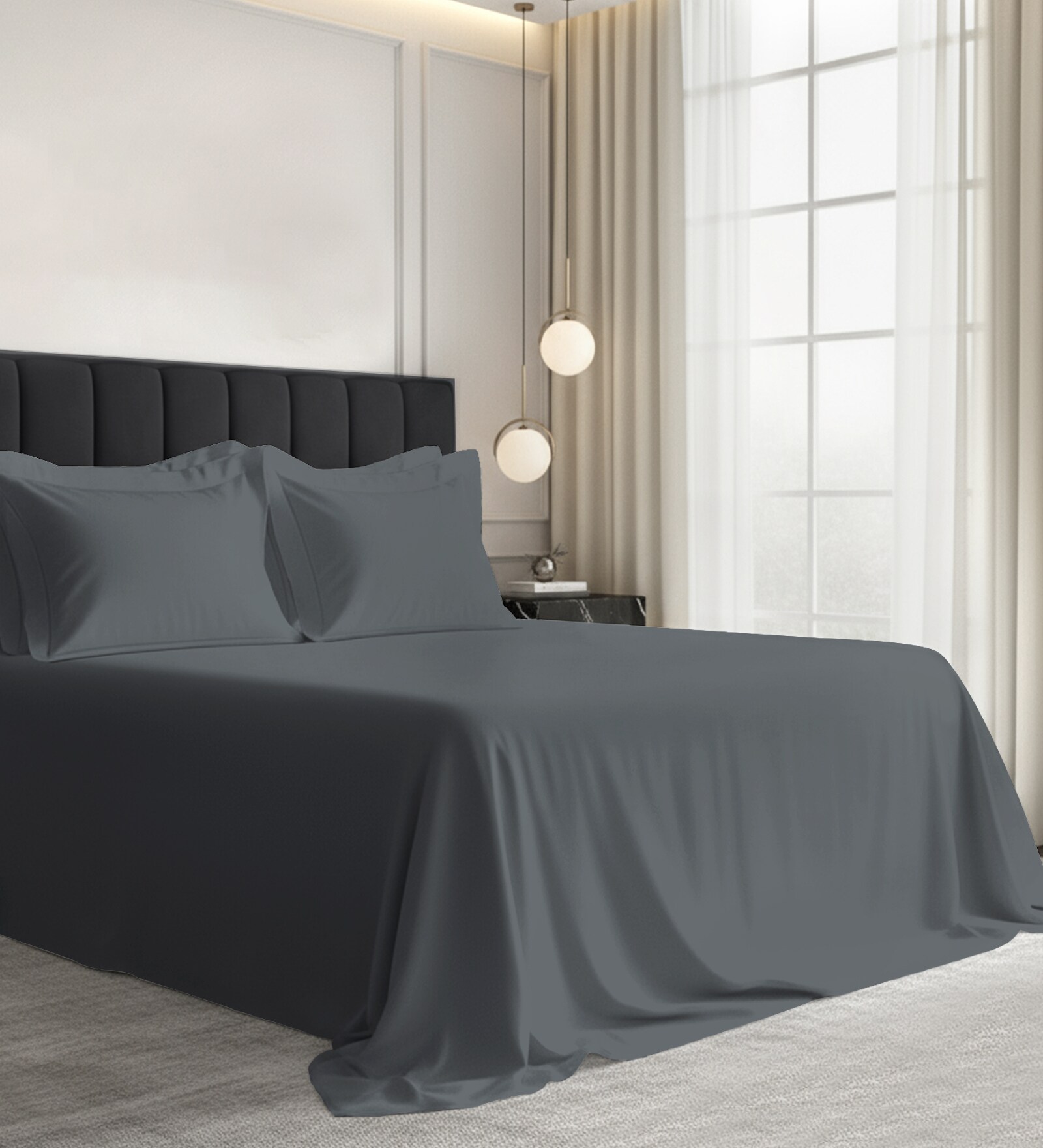 Dark Grey Solid 1000 TC Cotton Super King Sized Bedsheet with 4 Pillow Covers