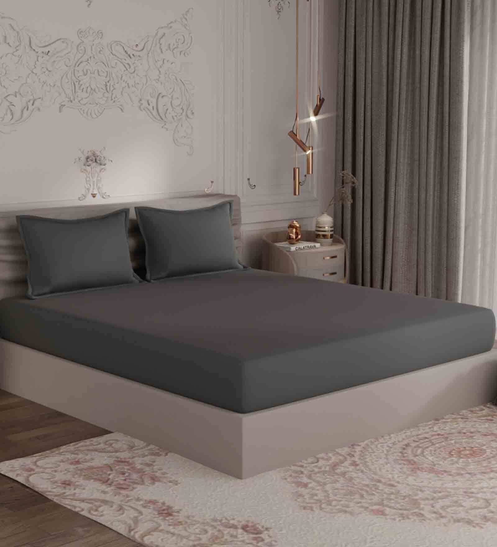 Dark Grey Solid 400 TC 100% Cotton King Sized Bedsheet With 2 Pillow Covers Hues Collection