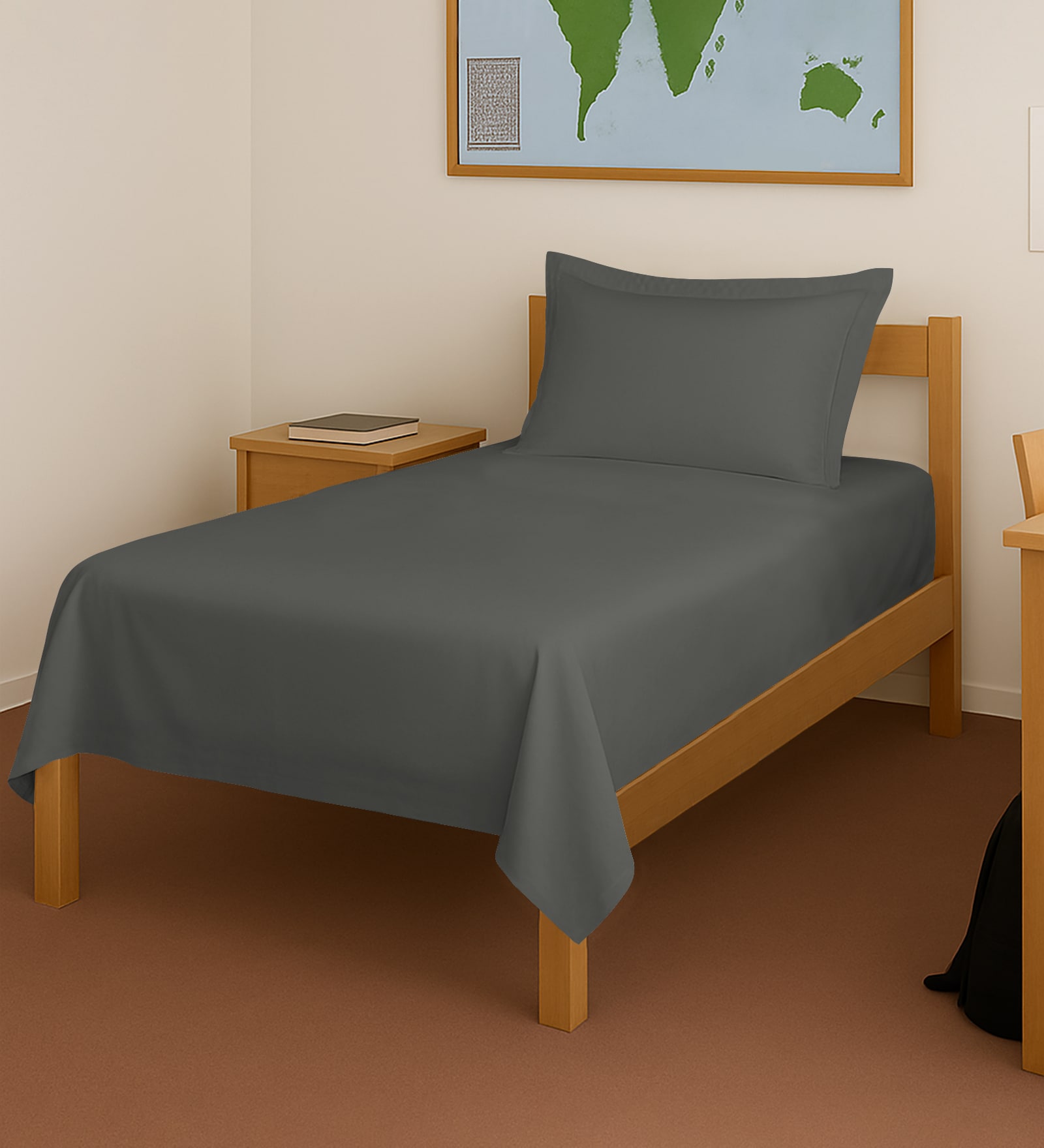 Dark Grey Solid 400 TC Cotton Single Sized Bedsheet with 1 Pillow Cover